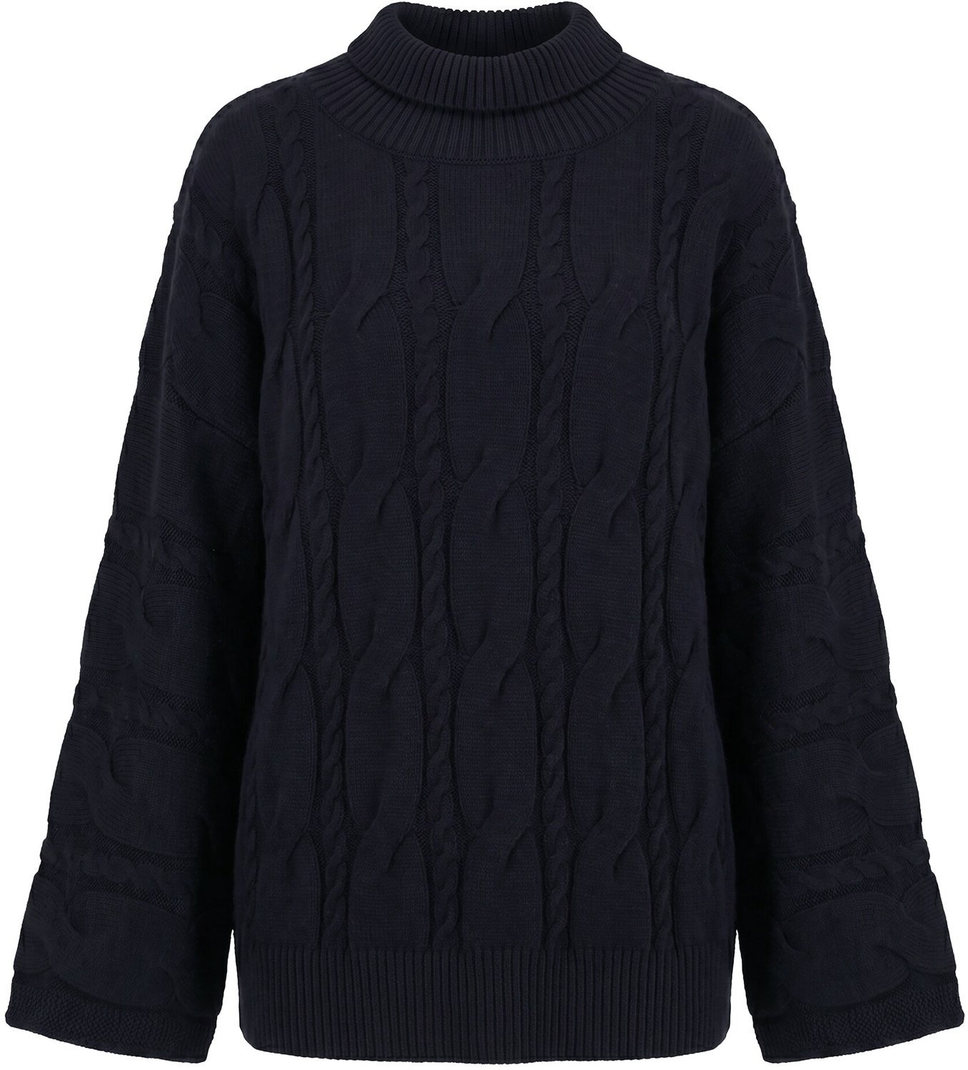 Ulla Popken - Dames - Trui kabelpatroon oversized col lange mouwen - Zwart - Maat 54+