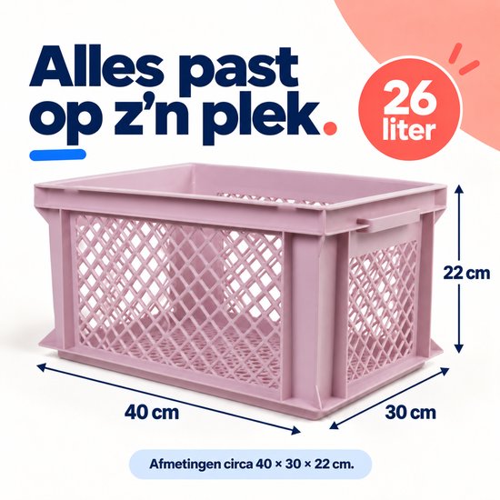 Dutch Standard Fietskrat – 26 Liter – 40 x 30 x 22 cm – Kunststof – Voor Voordrager – Oudroze — afbeelding 4