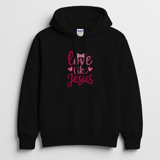 Zwarte hoodie met roze tekst 'love like Jesus' en hartjes- en strikaccenten op de borst.