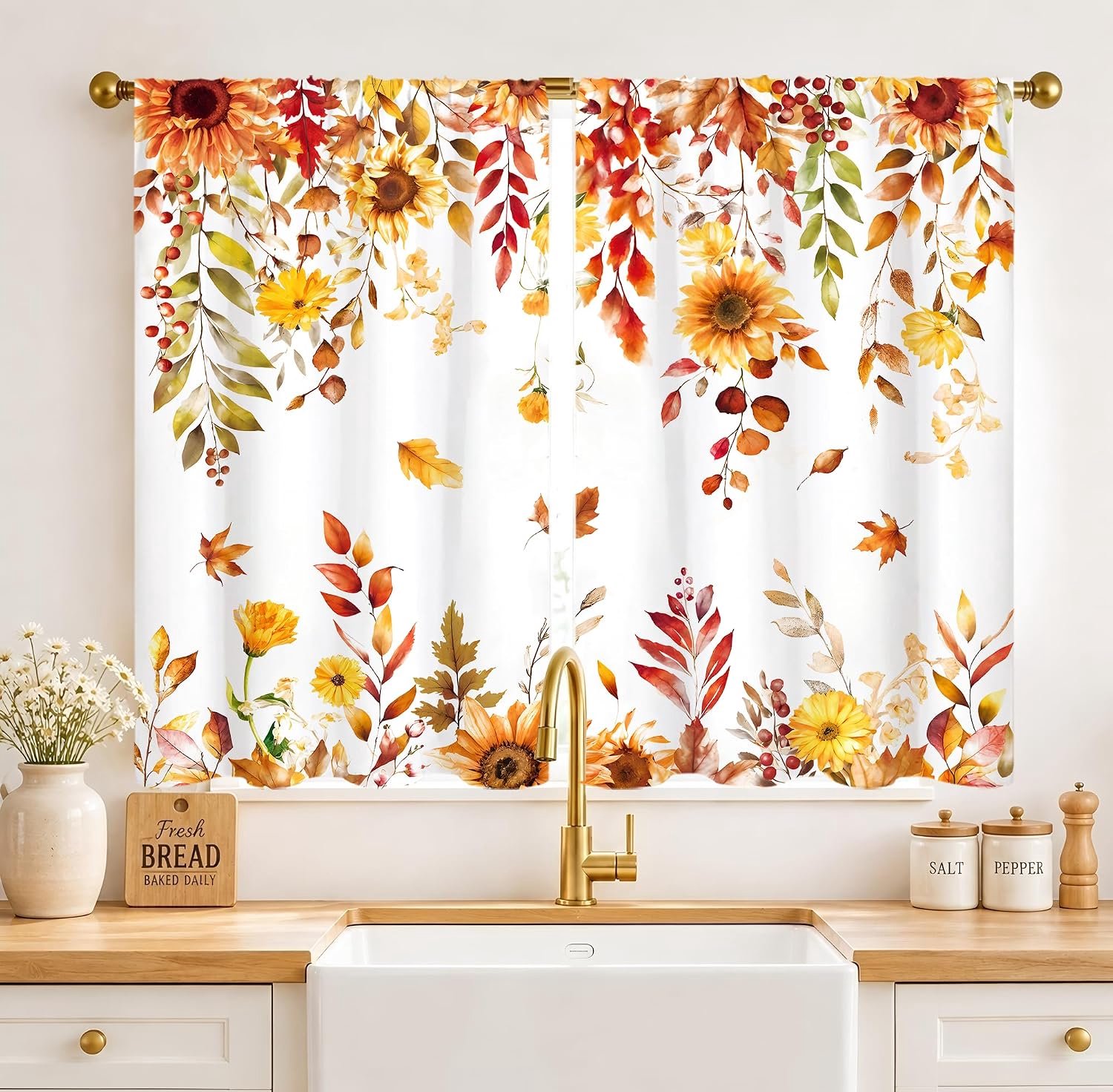KZQ Keukengordijnen in landelijke stijl met herfstbladeren en zonnebloemen (kleine gordijnen 75x166cm (twee stuks)) – Vintage landelijke houtnerfstructuur, korte gordijnen in koffiestijl, geschikt voor badkamer en interieur. Zoals weergegeven in de afbeelding