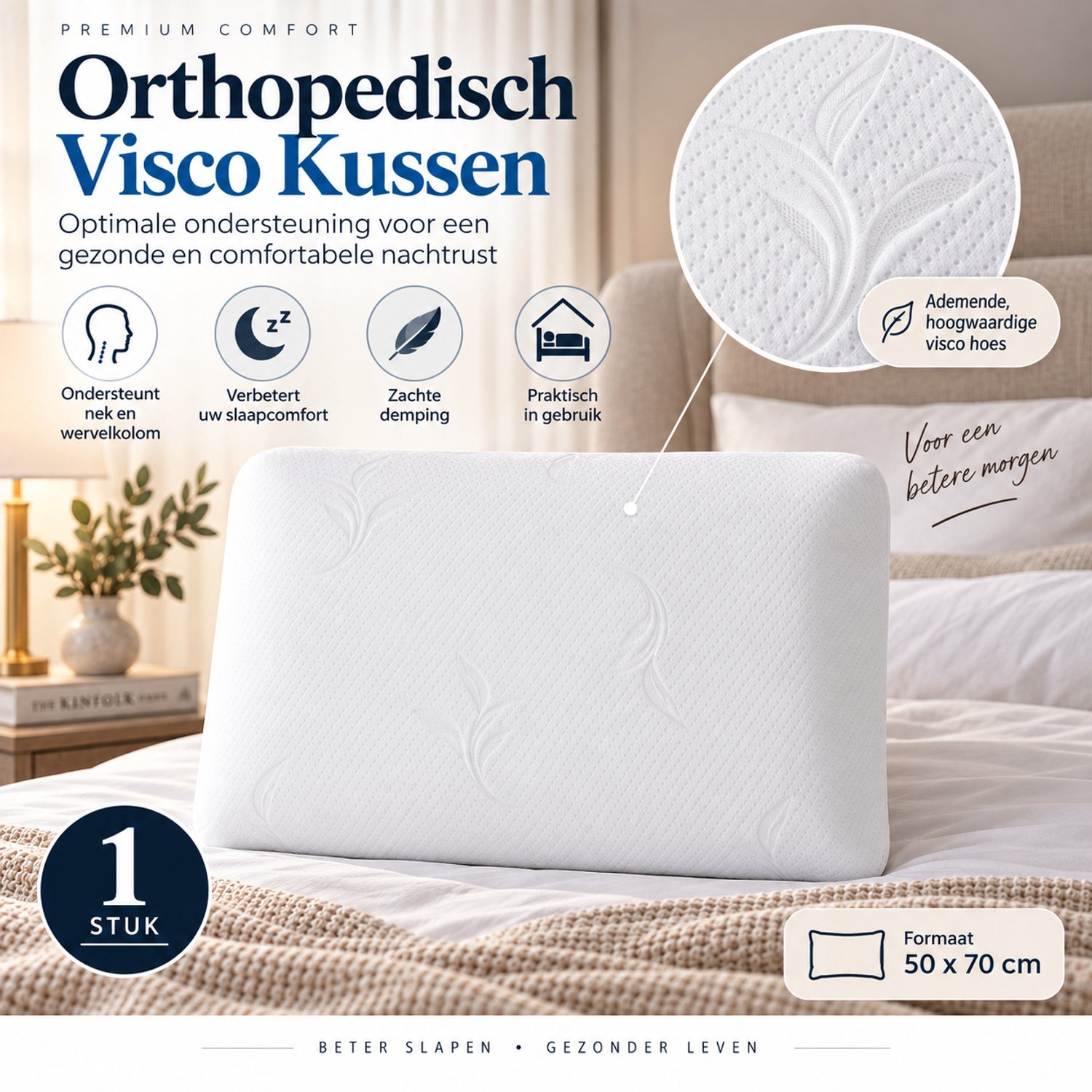 Fabric Box Orthopedisch Hoofdkussen – Visco Traagschuim – Klassieke Vorm – 50x70 cm – Ademende Afneembare Hoes – Wit
