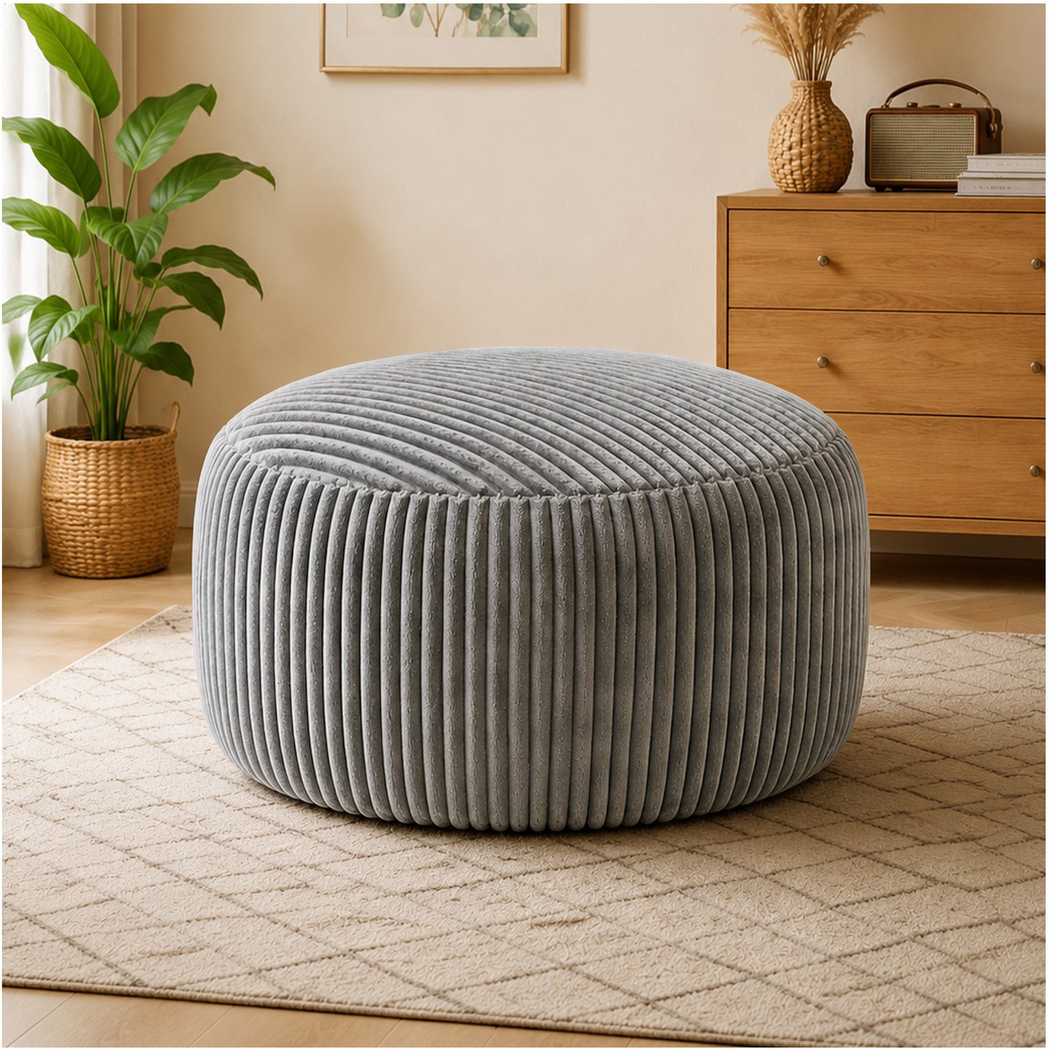 DESMIU Zitzak 100 cm - Ronde Loungestoel Met Traagschuimvulling - Voor Woonkamer Slaapkamer En Kantoor - Ribfluweel - Lichtgrijs