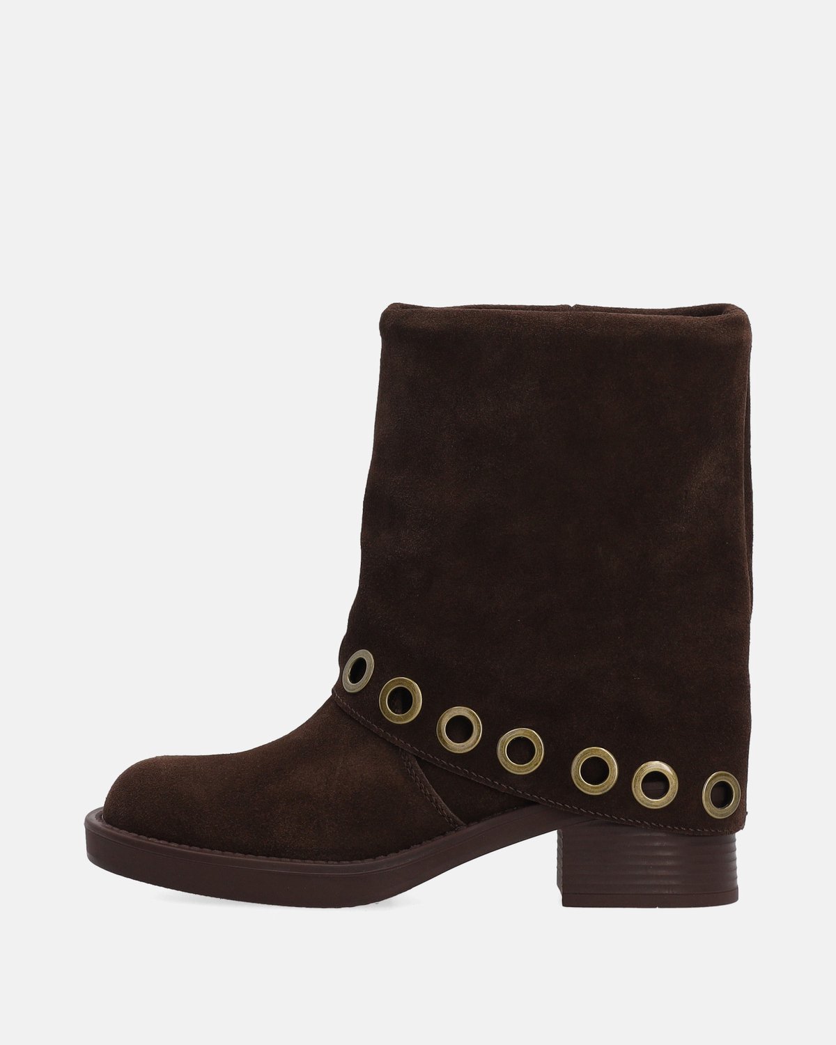 Bruine suède enkellaarzen - Decoratieve oogjes - Hak van 5 cm