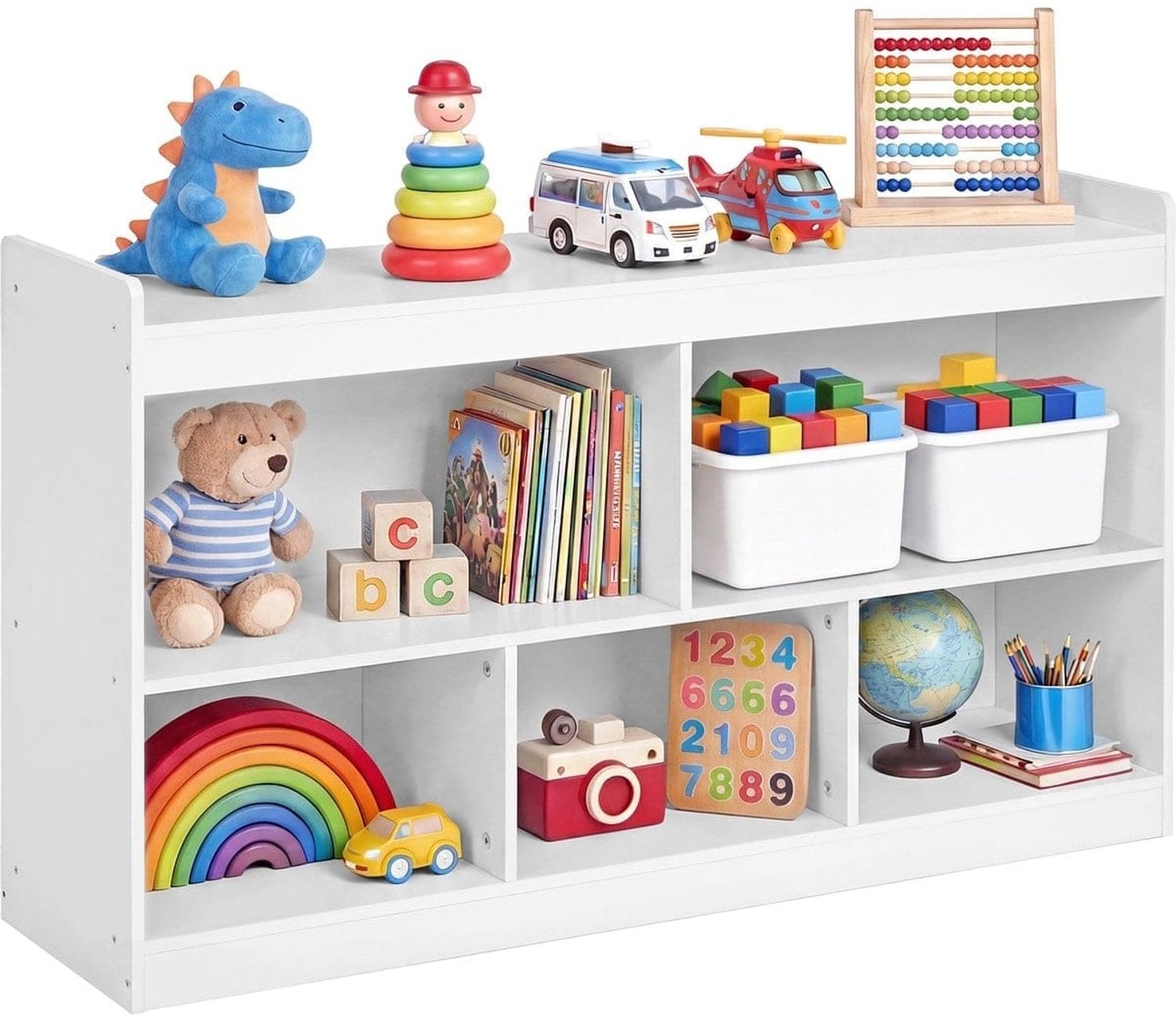 Klarven Kinderboekenkast Wolkenwit - Kinderveilige Kinderboekenkast - Kinderboekenkast Wit - Speelgoedrek - 5 Open Vakken - Stevig Hout - 112,2x30x65 cm