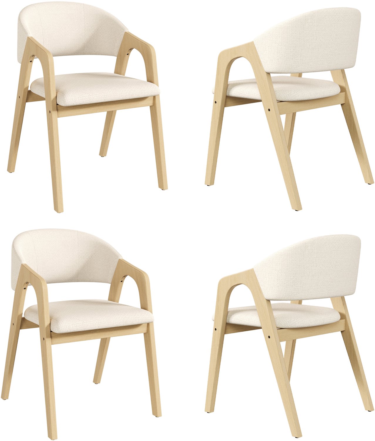 SONNENH Eetkamerstoelen set van 4 - Massief rubberhout - Beige linnenbekleding - Armleuningen - Naturel Naturel hout met beige bekleding