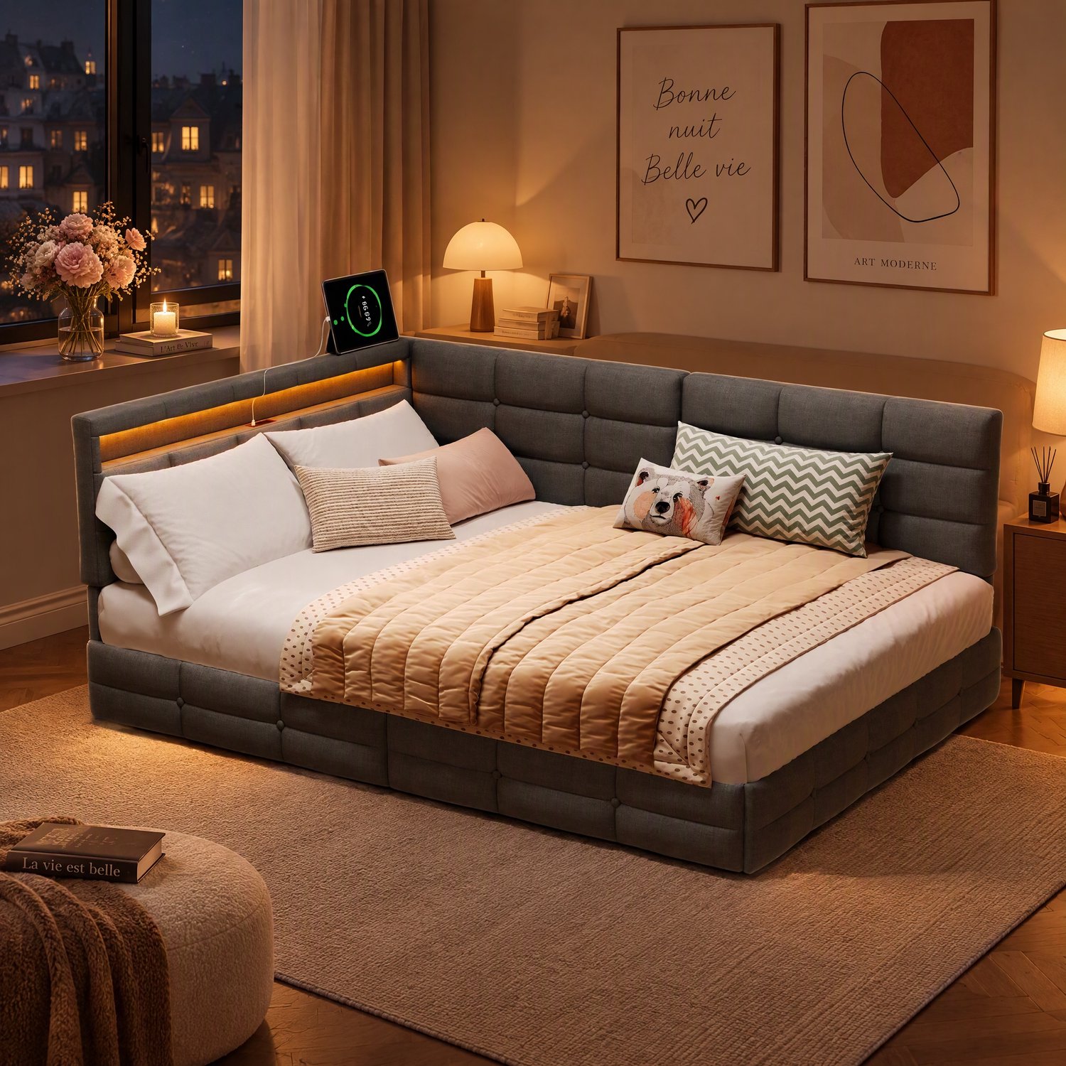 MEXUS Tweepersoonsbed 140x200 cm met ledverlichting en USB, slaapbank, tienerbed met 2 opberglades, dagbed met lattenbodem, slaapbank, logeerbed, bedframe, linnen Grijs