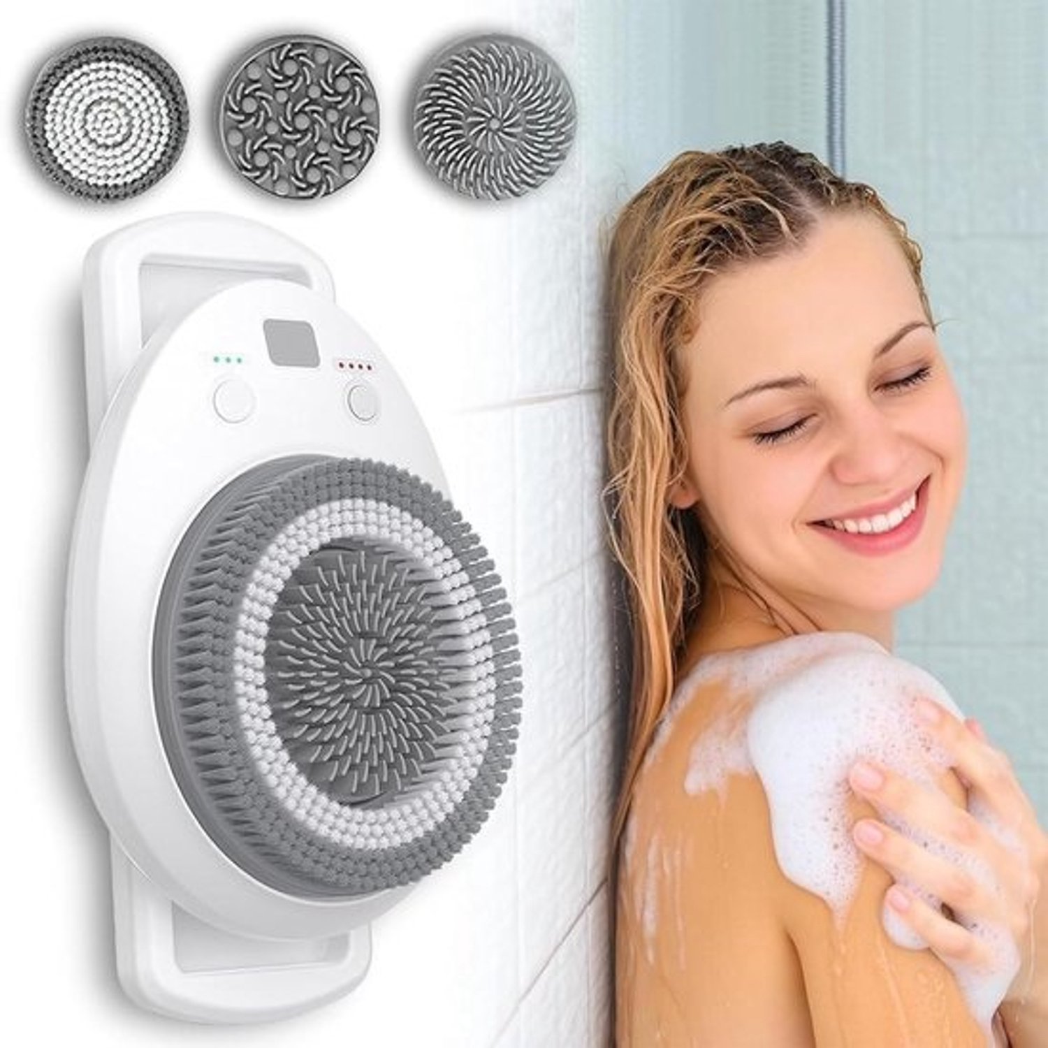 Elektrische doucheborstel - Rugwasser voor onder de douche - Huid reinigen - Automatische rotatie - Borstelplaat van 18cm - Wit
