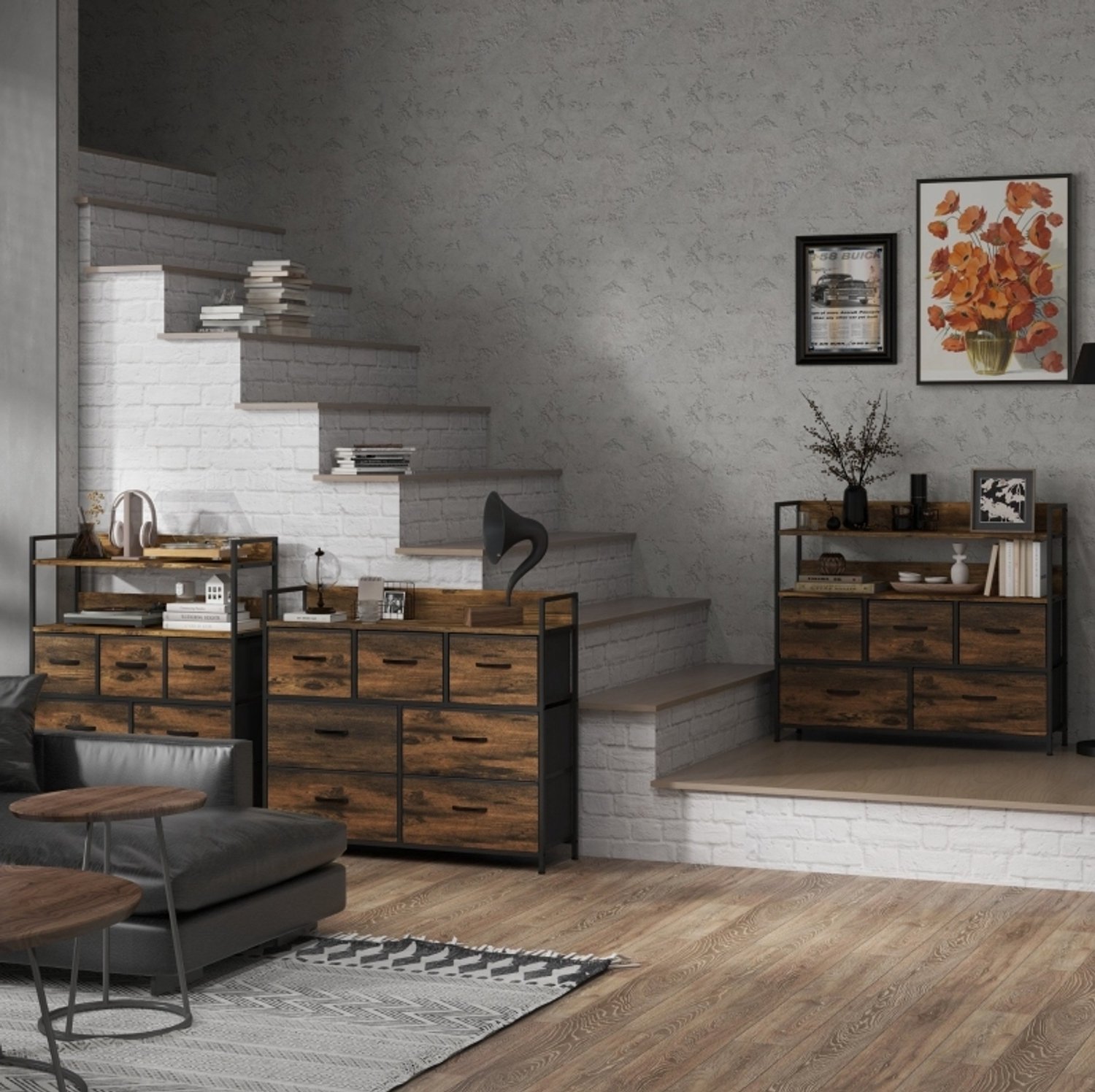 CHICFURN Ladekast - 7 stoffen lades - stalen frame - industrieel - bruin