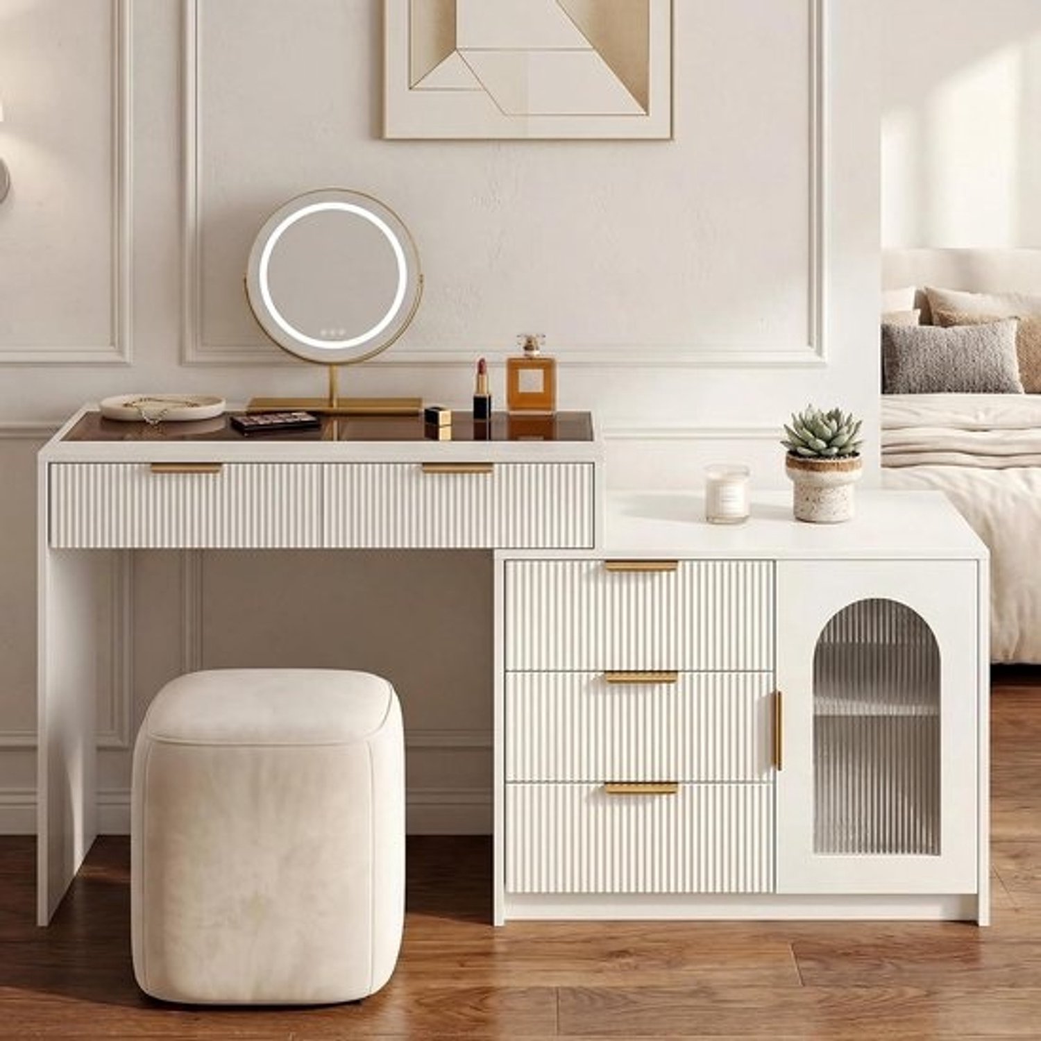 Kaptafel met spiegel - Dressing Table Schminktafel - Voor het aanbrengen van make-up - Verstelbaar tafelblad - 160 cm - Wit