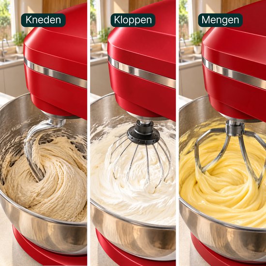 Drie close-ups van de Vivid Green keukenmachine: deeg kneden, slagroom kloppen en beslag mengen.