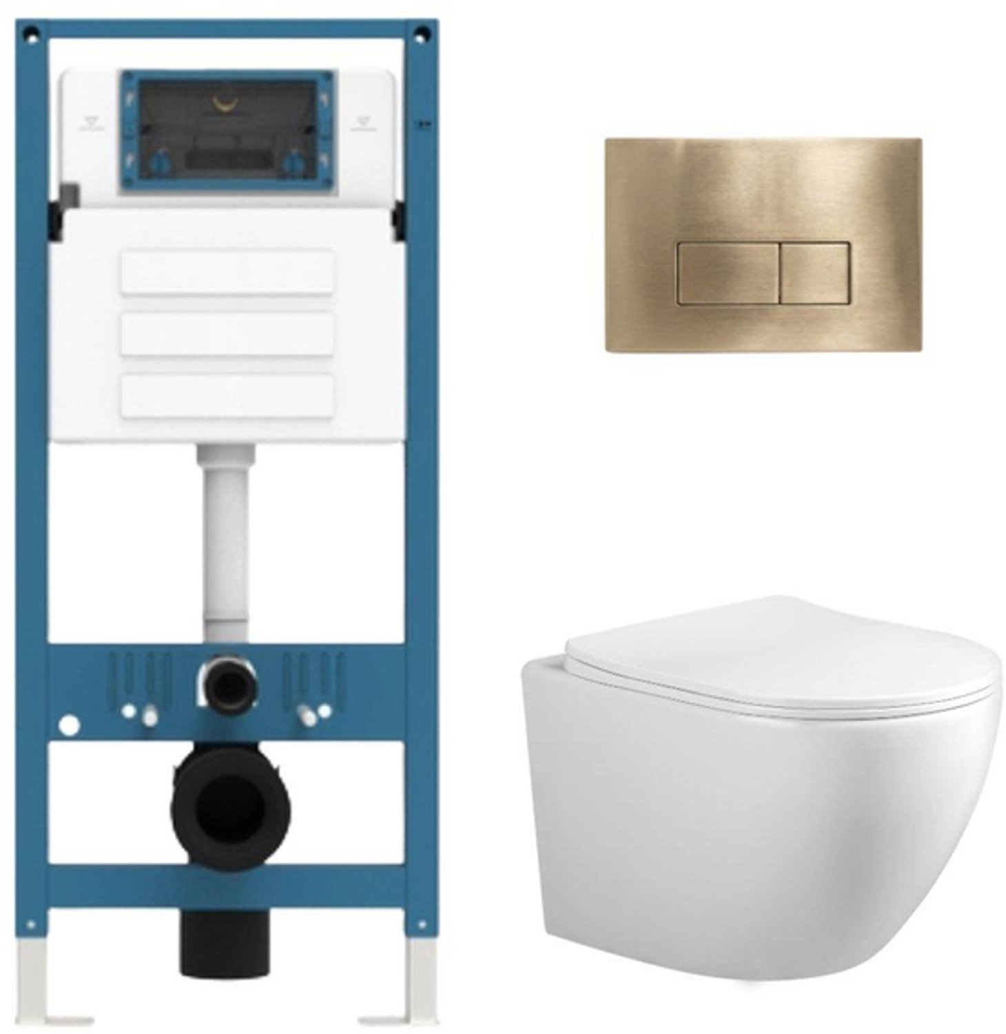 Adema Salina 2.0 Toiletset - 48.5x36x32cm - diepspoel - spoelrandloos - QeramiQ inbouwreservoir - softclose - quickrelease - toiletzitting - goud geborsteld metalen bedieningsplaat - rechthoekige knoppen - wit