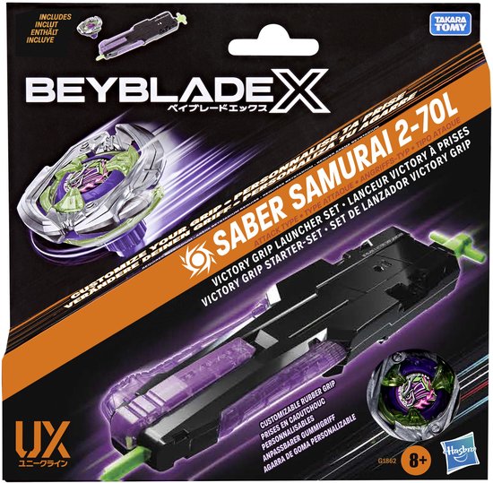 Verpakking van Beyblade X Saber Samurai 2-70L met Victory Grip Launcher en een paars-zilveren top.