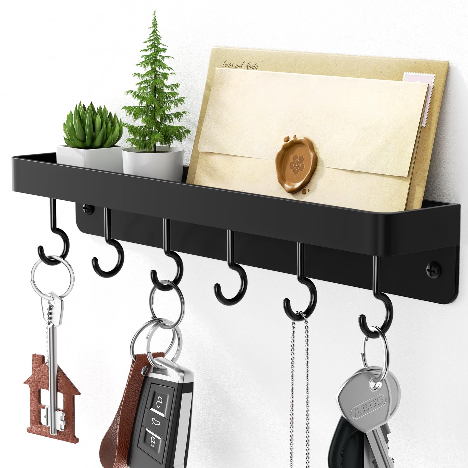 Sleutelhouder voor aan de Wand – Zwarte Metalen Wandorganizer met Opbergvak en Zelfklevende Haken – Sleutelrek zonder Boren voor Hal en Deur