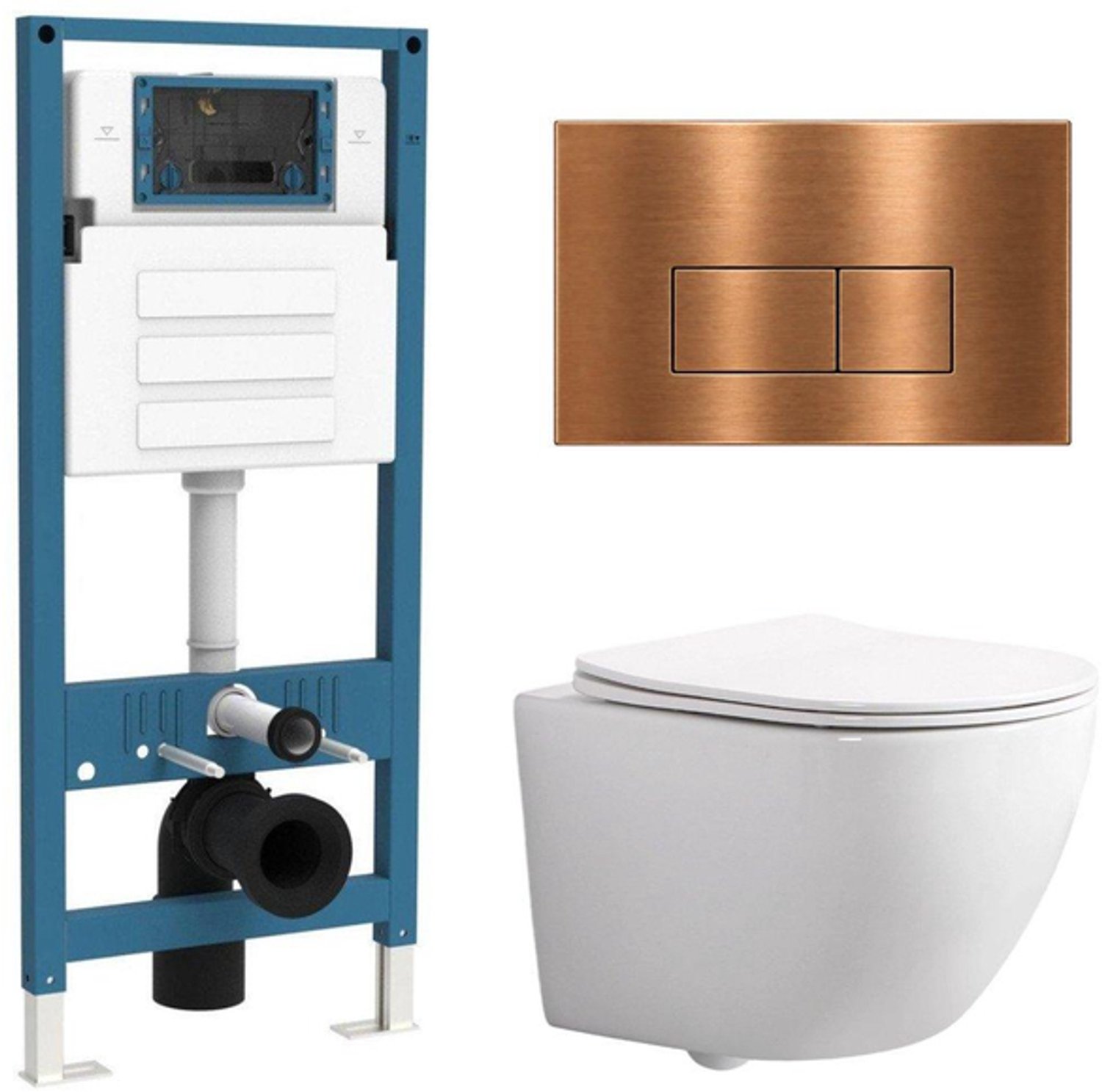 QeramiQ Dely Swirl Compact Toiletset - inbouwreservoir QeramiQ flush - slim zitting - metalen bedieningsplaat koper - rechthoekige knoppen - glans wit