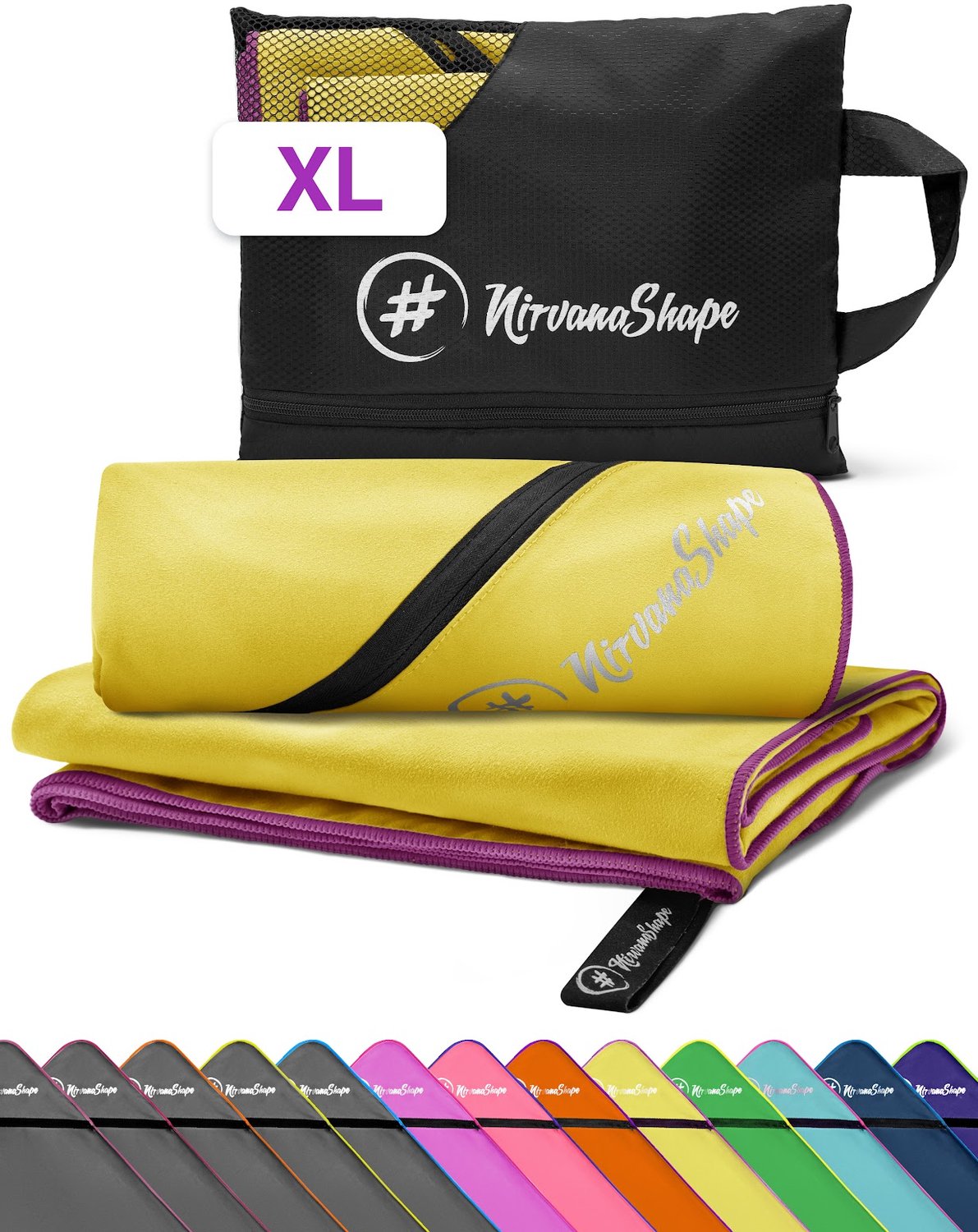 NirvanaShape - microvezel handdoek - strandlaken en badlaken - sneldrogend en absorberend - sporthanddoek met slimme hoekzak - 200 x 100 cm - Geel / Paarse Rand