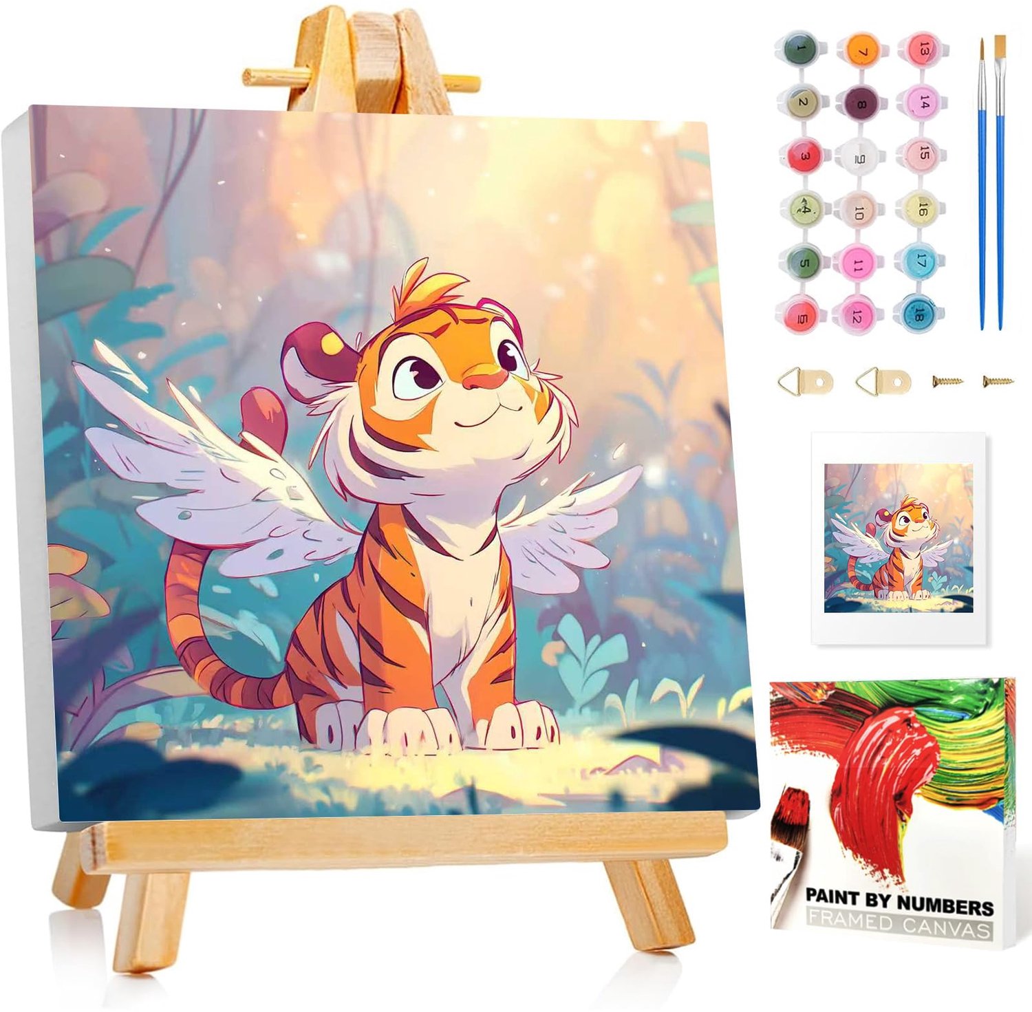 Schilderen op nummer kinderen 20 x 20 cm - met lijst en ezel - creatief cadeau voor 5-10 jaar - Tiger - m-winkel