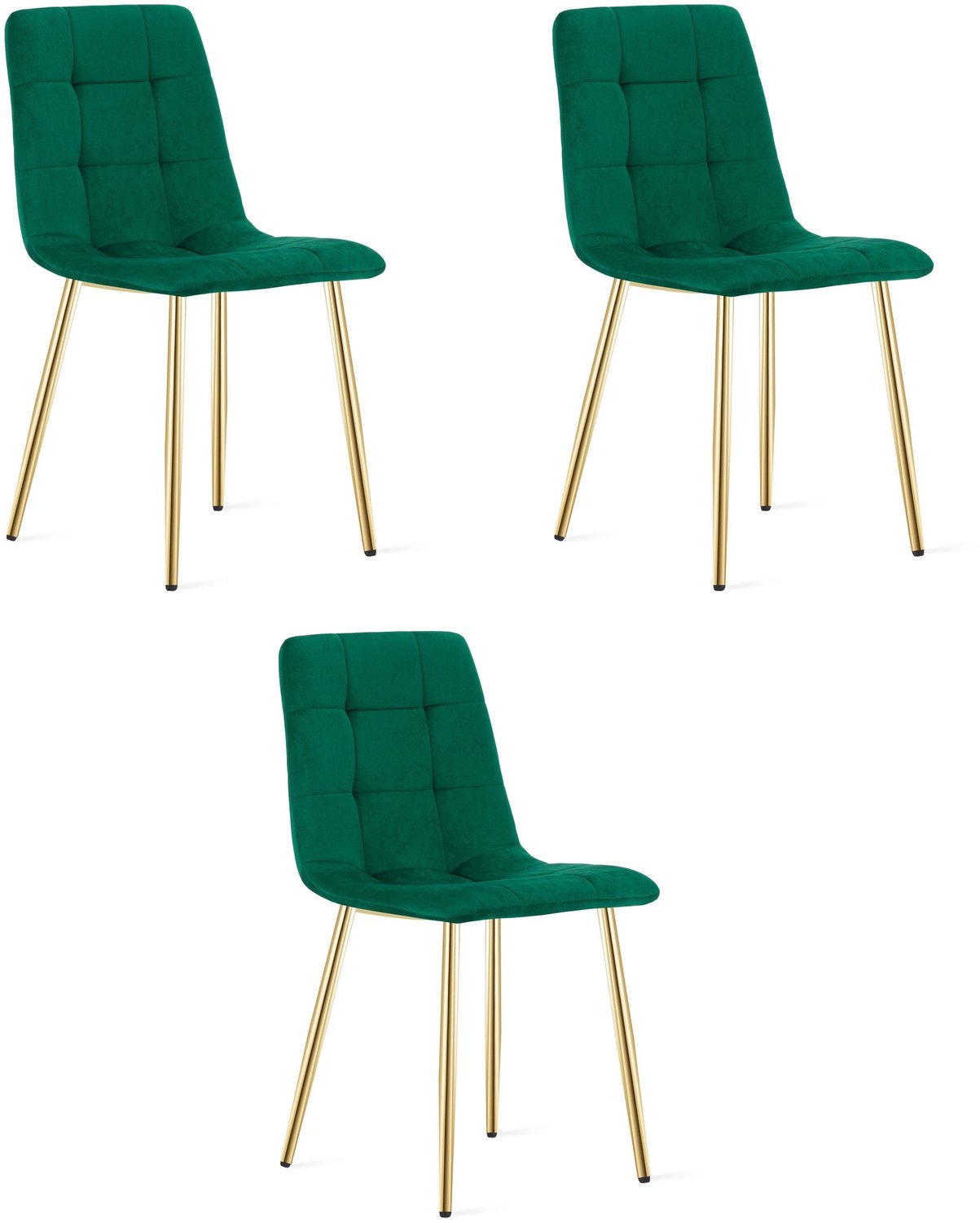 LEOBERT KARA Eetkamerstoelen – Set van 3 – Groen Velvet – Goudkleurige Metalen Poten – Comfortabele Ergonomische Zitting – Modern Design – Velvet Stoel voor Woonkamer, Keuken en Eetkamer – Max. 110 kg per Stoel