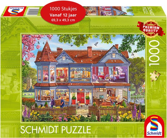 Boîte de puzzle Schmidt de 1000 pièces ; illustrant une maison détaillée au printemps.