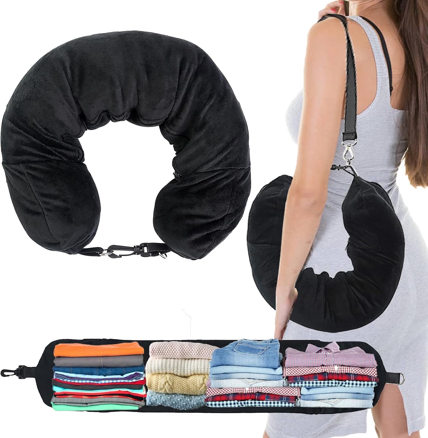Reiskussen met Kledingvak – 10L – Opvulbaar – Als Handbagage – Multifunctionele Kussensloop – Voor Reizen en Outdoor – Zwart