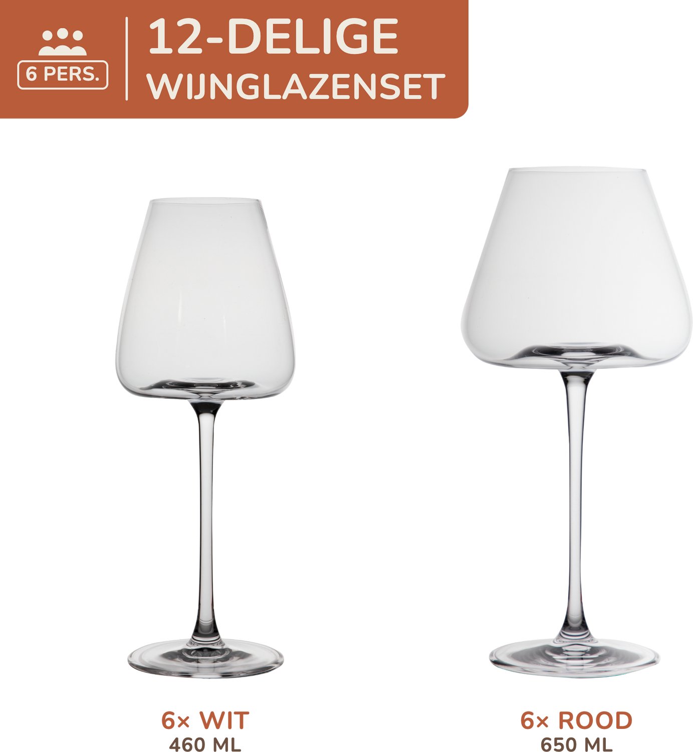 Wijnglazenset 12 delig - set van 6 witte en 6 rode wijnglazen - 460 ml en 650 ml - 6 persoons - hoge kelk vaatwasserbestendig - Nero - Kade 171 glazen - hip en trendy