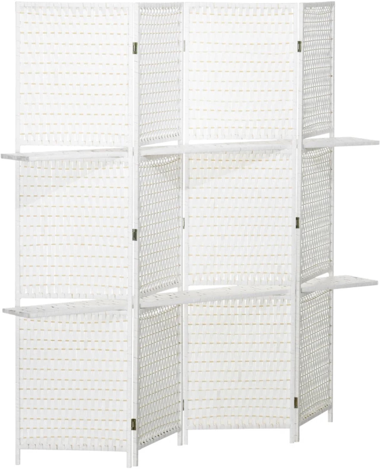 ZYLARO Scheidingswand - 4-delig - 181 x 180 cm - Opvouwbaar - 2 planken - Grenenhout en bamboe - Voor de slaapkamer - Wit strowit