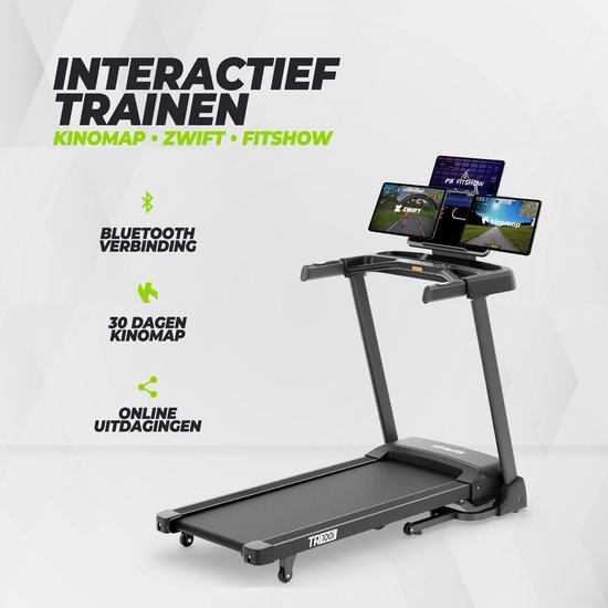 VirtuFit TR100i loopband met tablethouder waarop drie schermen met Kinomap, Zwift en Fitshow apps staan.