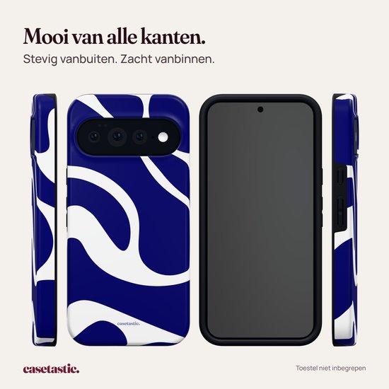 Voorkant en achterkant van telefoon met blauw-wit golvend hoesje.