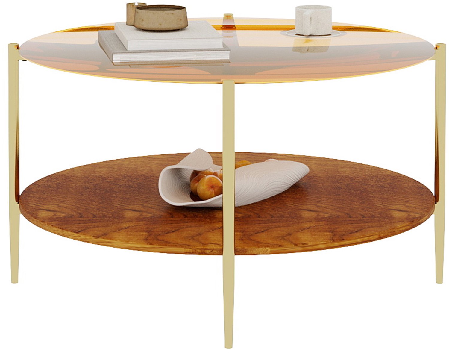SONNENH Ronde salontafel - Goudkleurig getint glas en houten onderplank - Ø82 x 45 cm Goudkleurig getint glas | Bruin houtlook