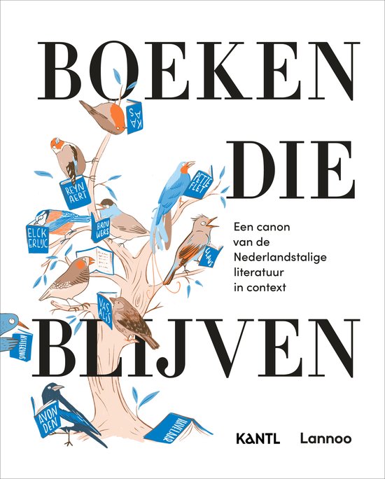 Couverture de livre avec des oiseaux dans un arbre et des titres de la littérature néerlandaise classique.