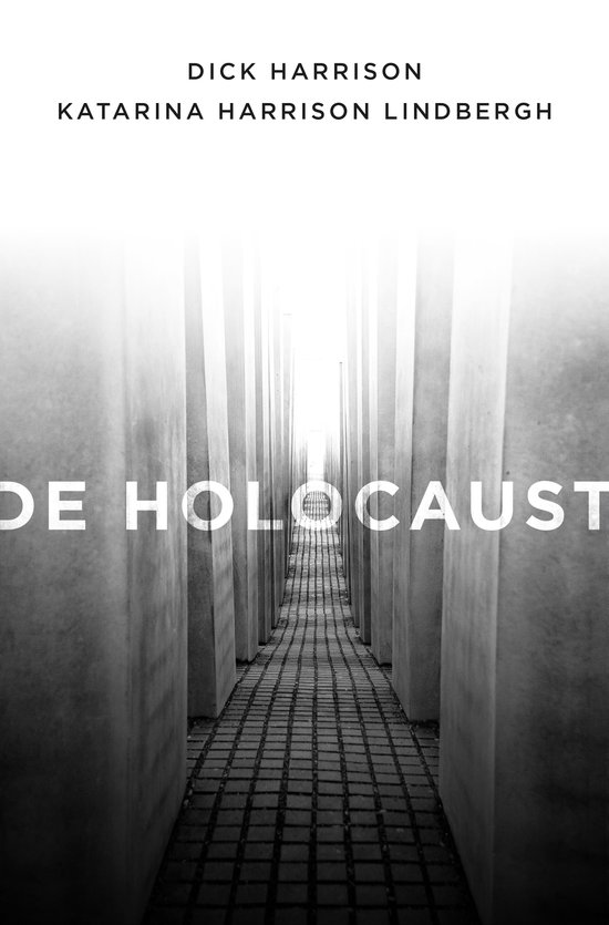 Boekomslag van De Holocaust met een zwart-witfoto van betonnen zuilen in een gangpad.