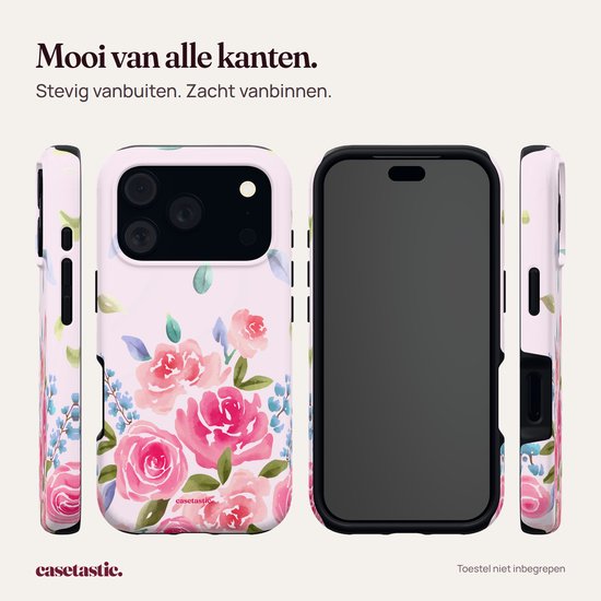 Roze aquarel bloemenhoesje toont voor- en zijkanten; stevige buitenkant, zachte binnenkant.