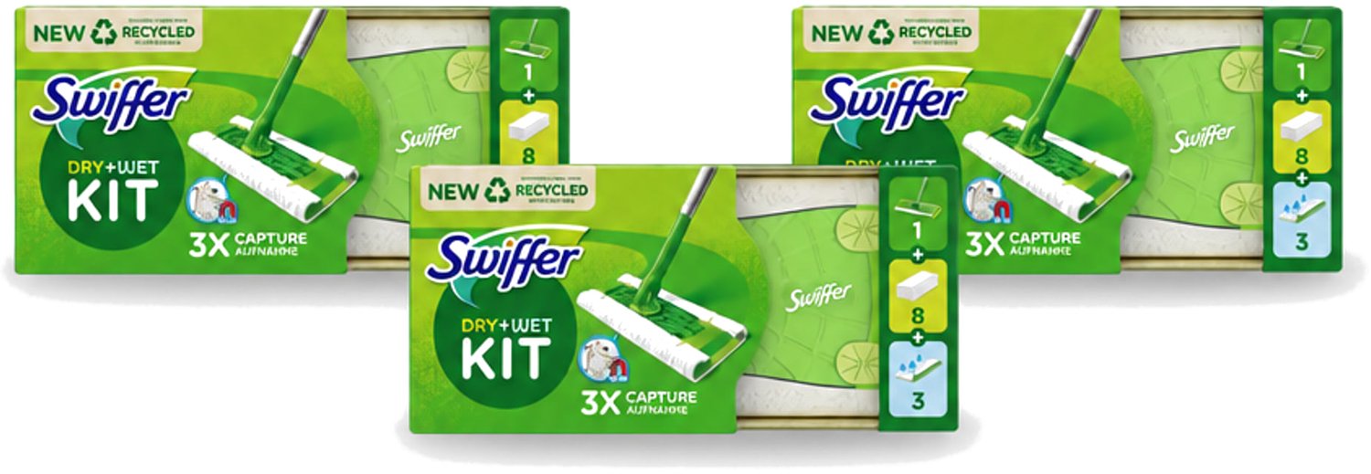 3 x Swiffer – Vloerreiniger – Starterkit – 1 dweil + 8 droge & 3 vochtige doekjes - Voordeelverpakking - 3 stuks
