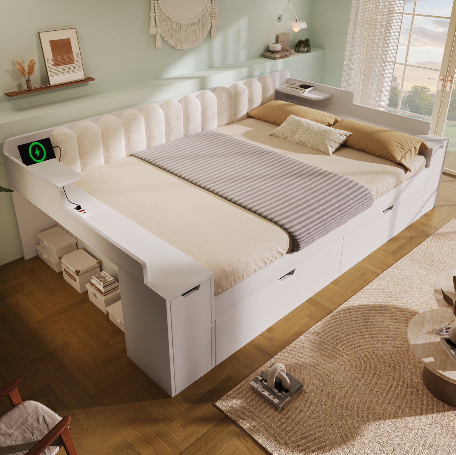 FloraGrace Bedbank 140x190 cm - Met Laadstation en 2 Laden - Metalen Lattenbodem - Opbergruimte - Sherpa - Wit - Zonder Matras