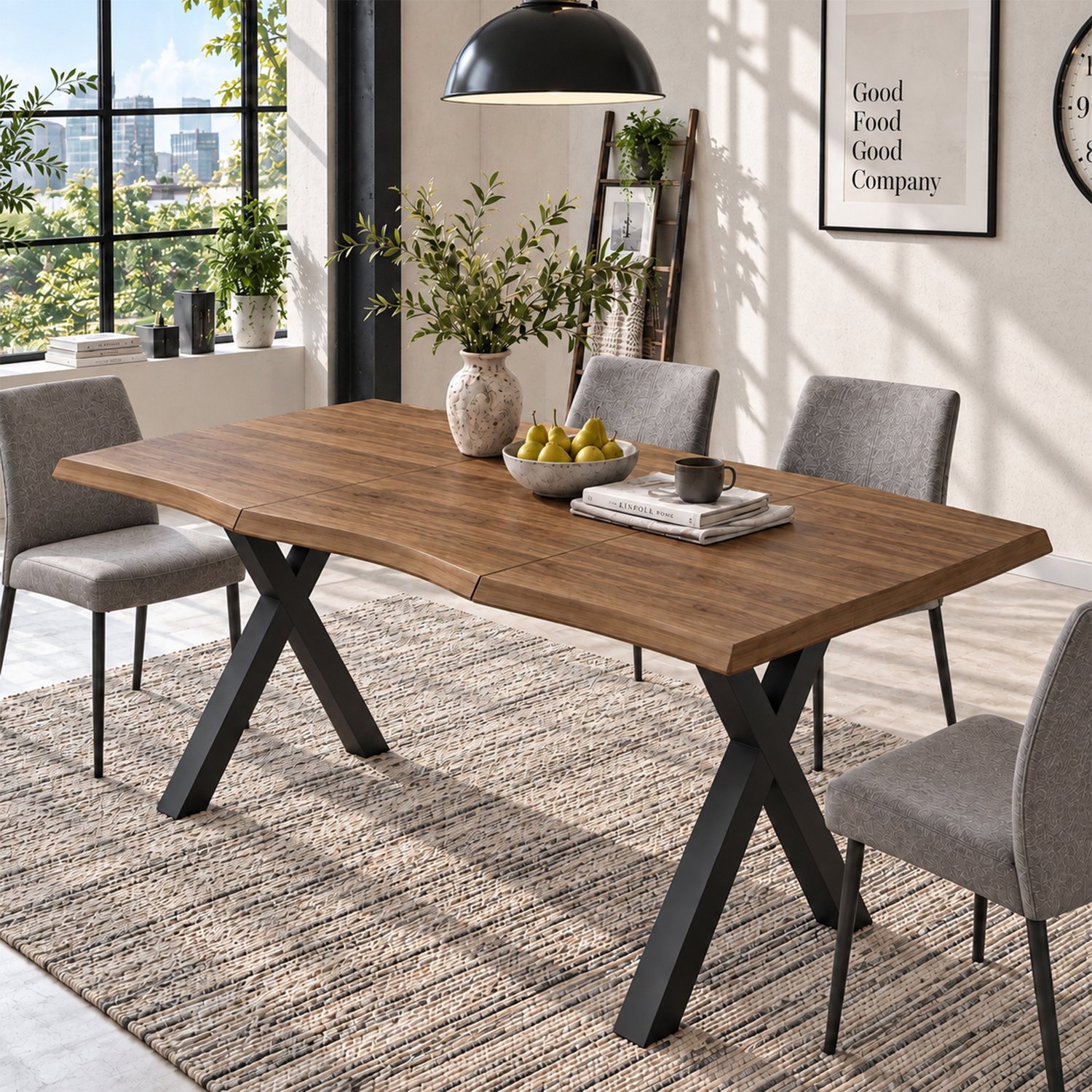 MODENUIT Eettafel - Golvende Rand en X-Poten - Eetkamer - Mdf en IJzer - Walnootkleur - 160x78x75 Cm