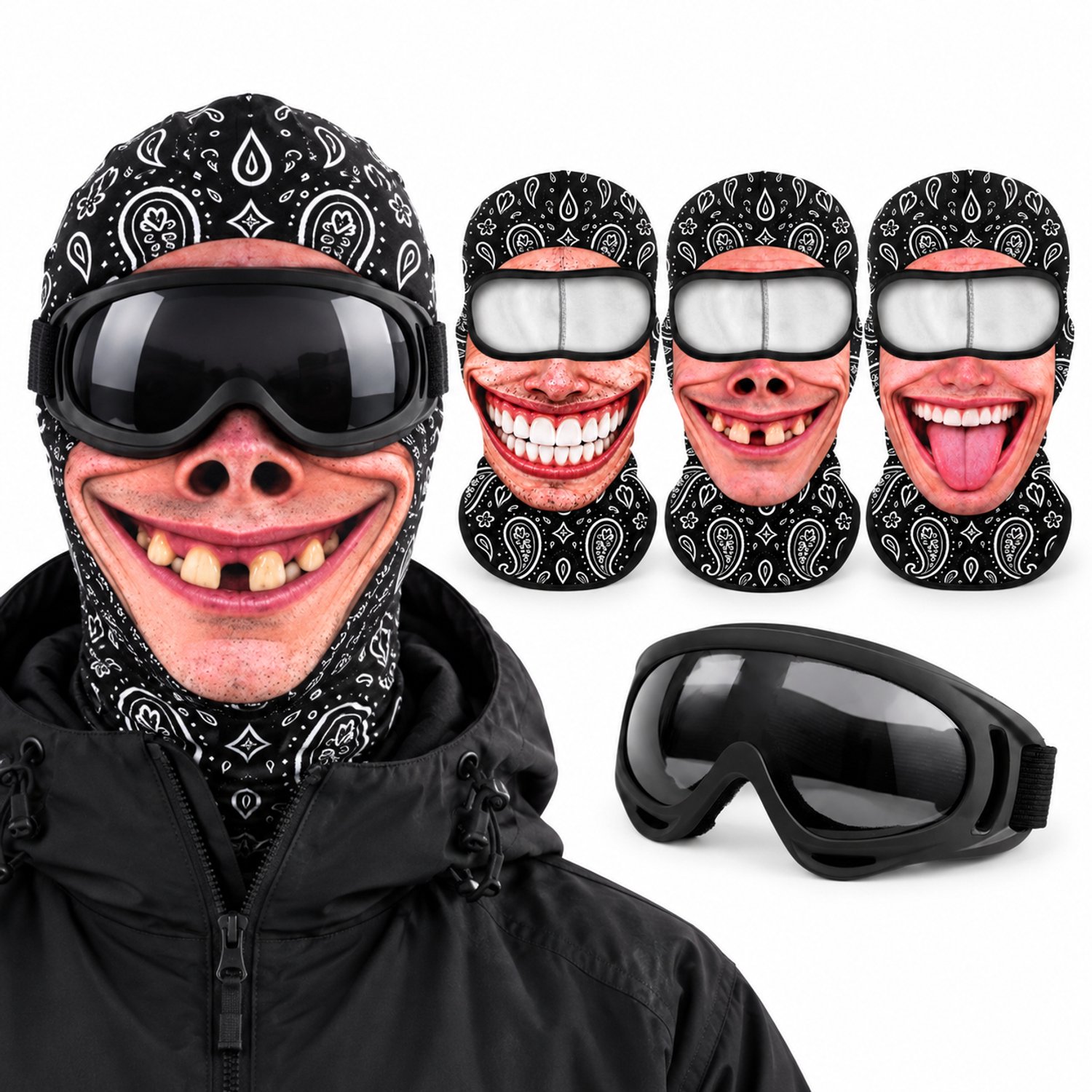 VHV-Bivakmutsen met skibrillen UV-bescherming Unisex Realistische 3D-geprinte gezichten Voor skiën snowboarden Kerstmis，Halloween en carnaval 1+3 sets Veelkleurig