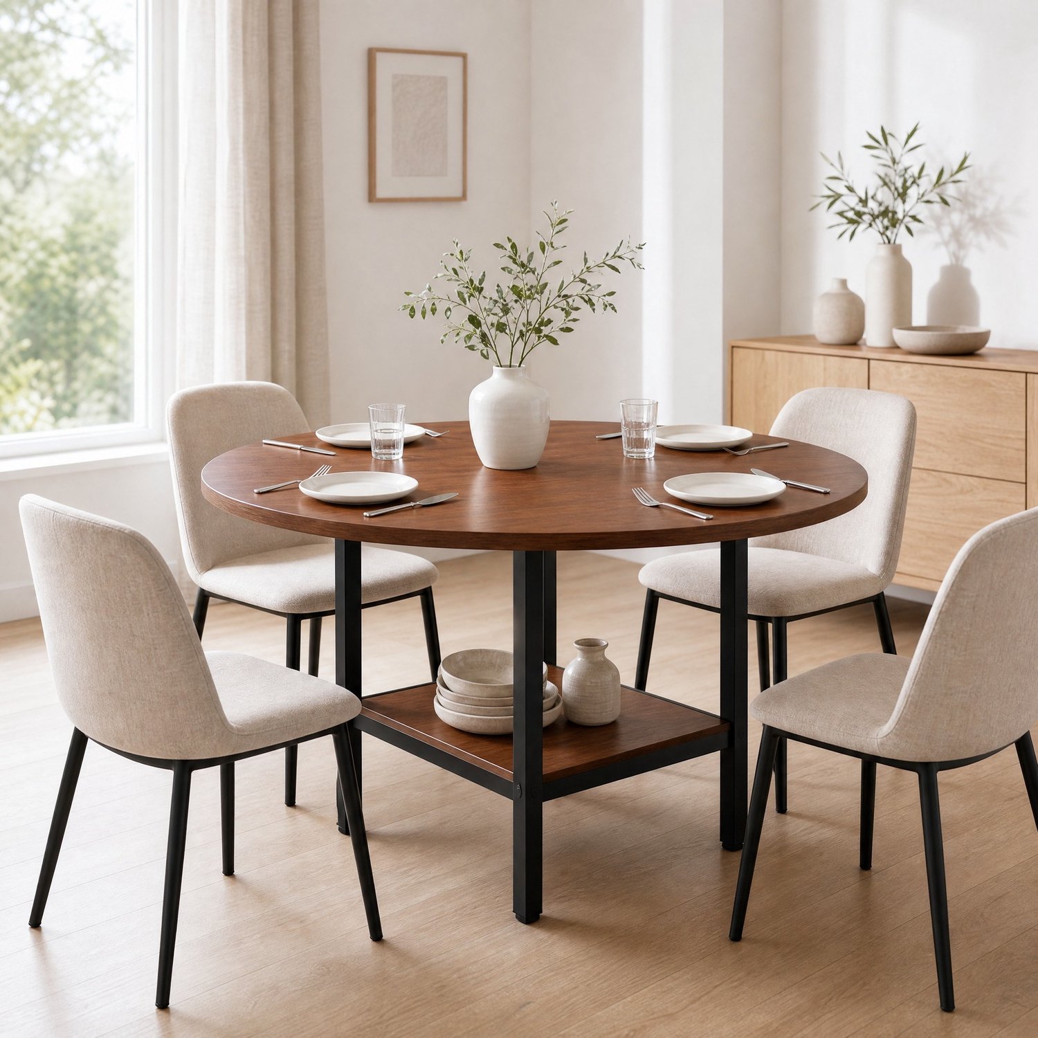 CHICFURN Eettafel 100 cm - 4 tot 6 personen - Met opbergplank - Rond - Walnootkleurig Walnootbruin