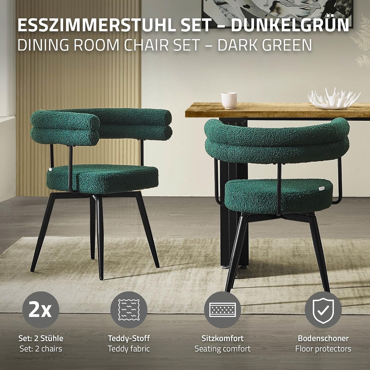 Luxe Teddy Draaistoelen Set van 2 Donkergroen – 360° Draaibare Eetkamerstoelen met Armleuningen, Ergonomische Rugleuning, Zachte Teddy Bekleding, Zwart Metalen Poten en Verstelbare Vloerbeschermers – 55 x 55 x 75 cm