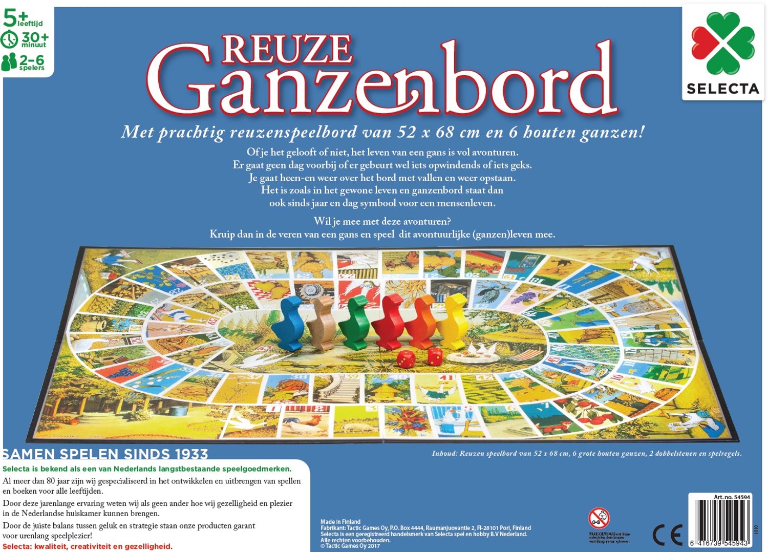 Tactic Selecta Reuze Ganzenbord - Bordspel - 52x68 cm - 6 grote houten ganzen - 2 dobbelstenen - Klassiek familiespel - 2-6 spelers - Vanaf 5 jaar — afbeelding 7