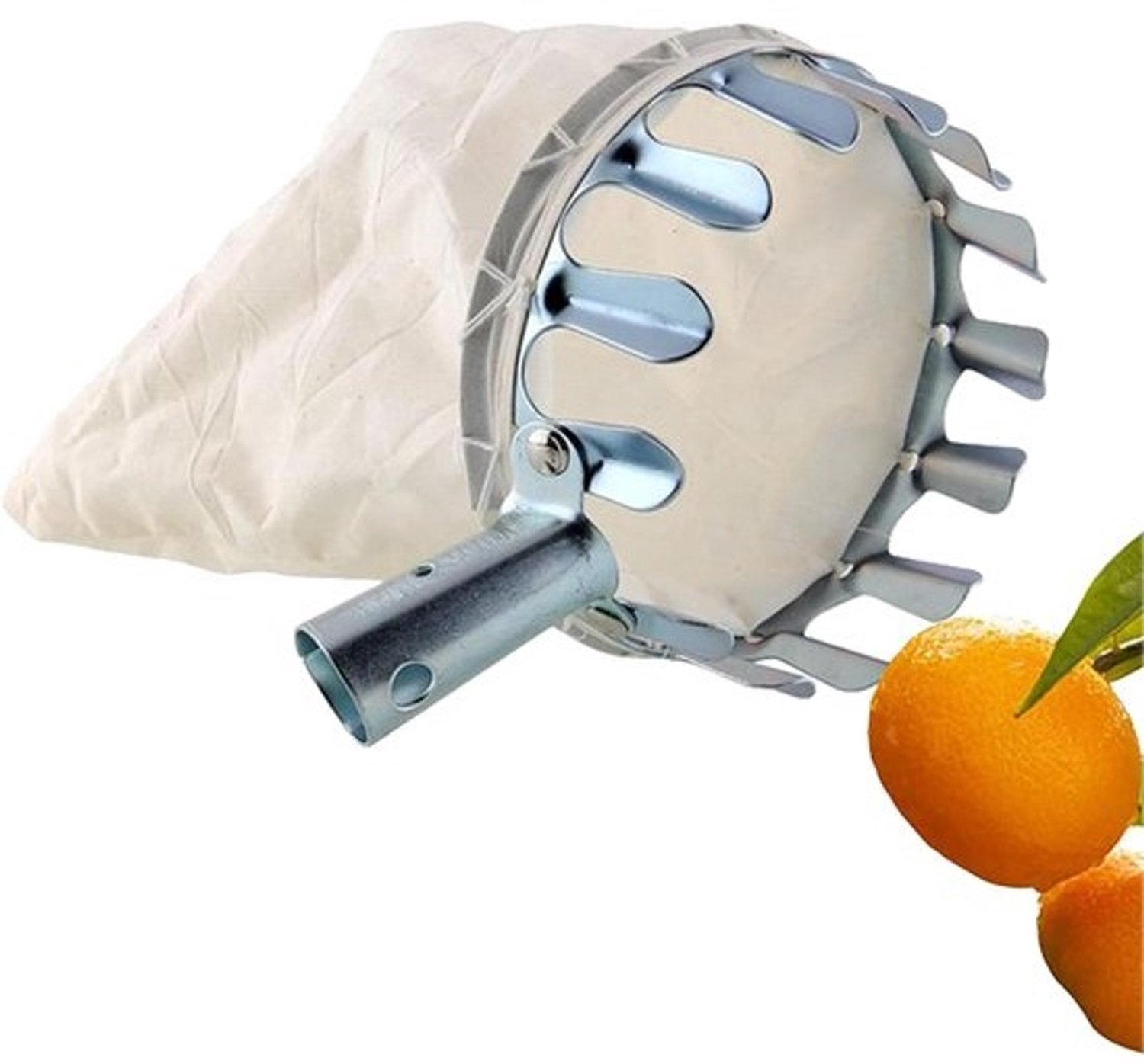 Appelplukker - stoffen zak, metalen fruitplukker - geschikt voor meeste handgrepen (zilver), praktische oogsthulp, sliver
