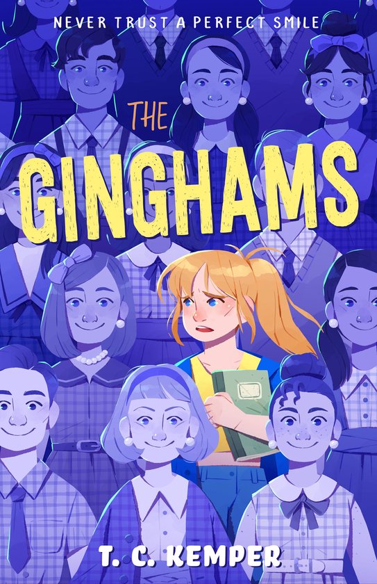 Boekomslag: 'The Ginghams' met een bezorgd meisje te midden van mensen in blauwe ruitjeskleding.