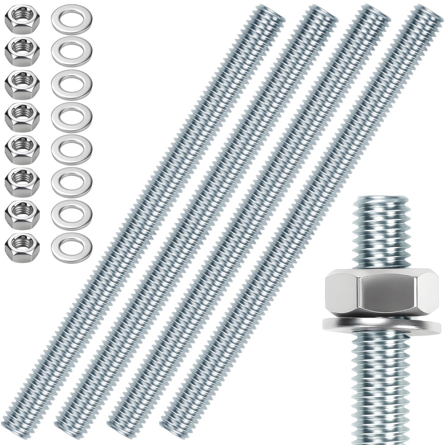 Set van 4 Gewinde Stangen M12 x 200 mm met Moeren en Ringen