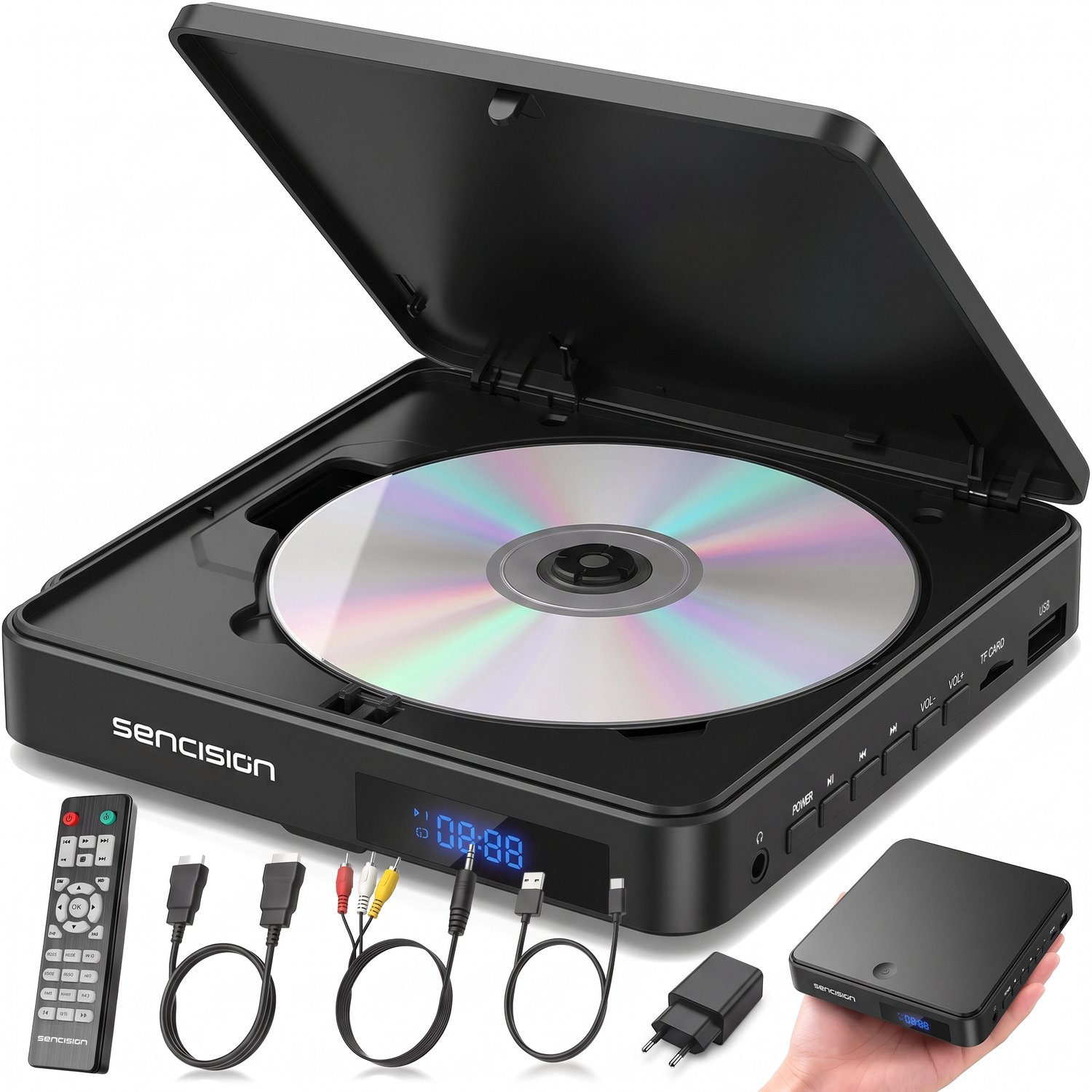 Sencision Mini DVD Speler met HDMI - Regiovrij - Full HD 1080P - CD en DVD Speler voor TV - USB & MicroSD - Incl. Afstandsbediening & Kabels - Zwart
