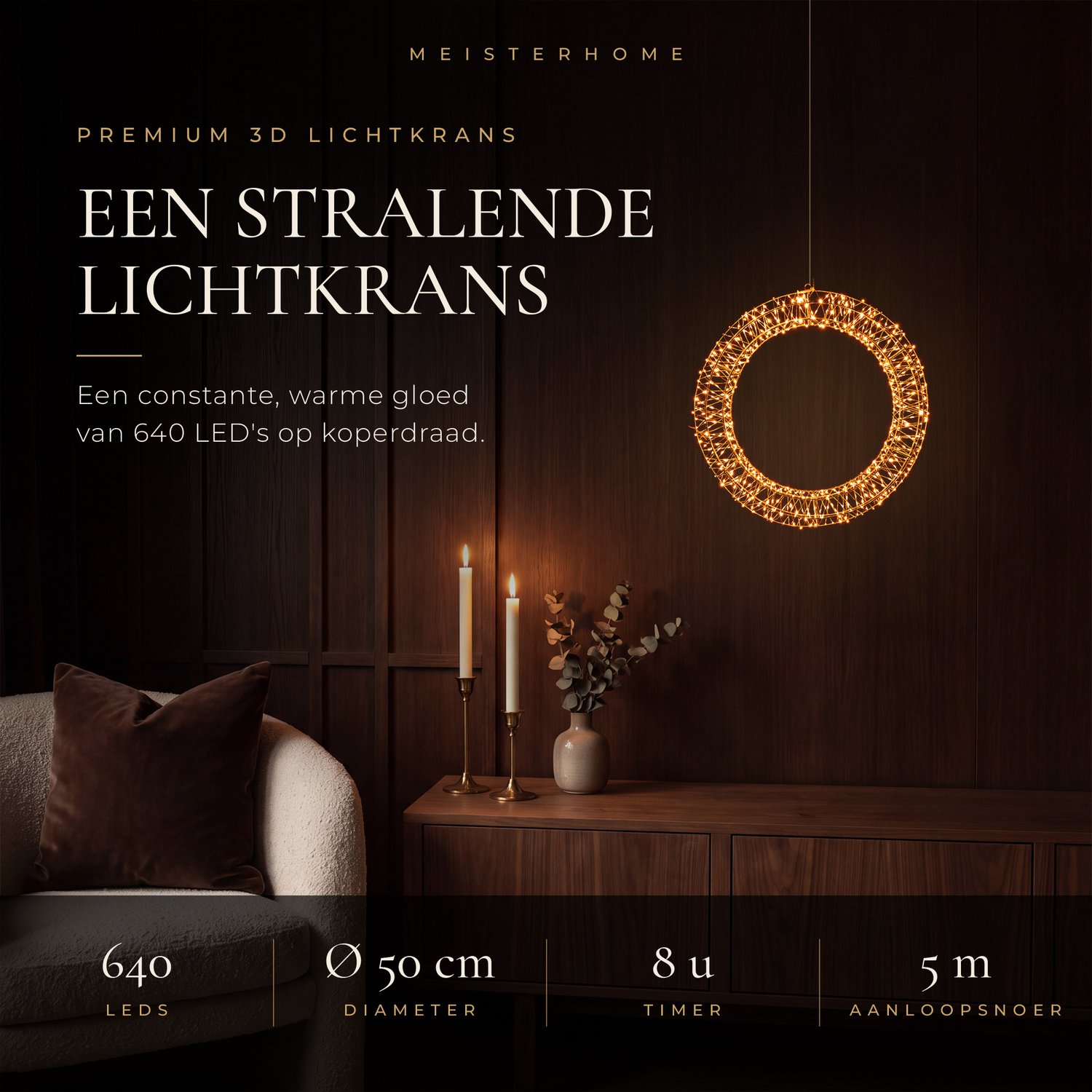 Meisterhome® LED 3D Lichtkrans Ø 50 cm – 640 LEDs – Extra Warm Wit – Verlichte Kerstkrans - Deurkrans met LED – Kerstverlichting Buiten & Binnen – Timer & Dimmer – IP44 – foto 6