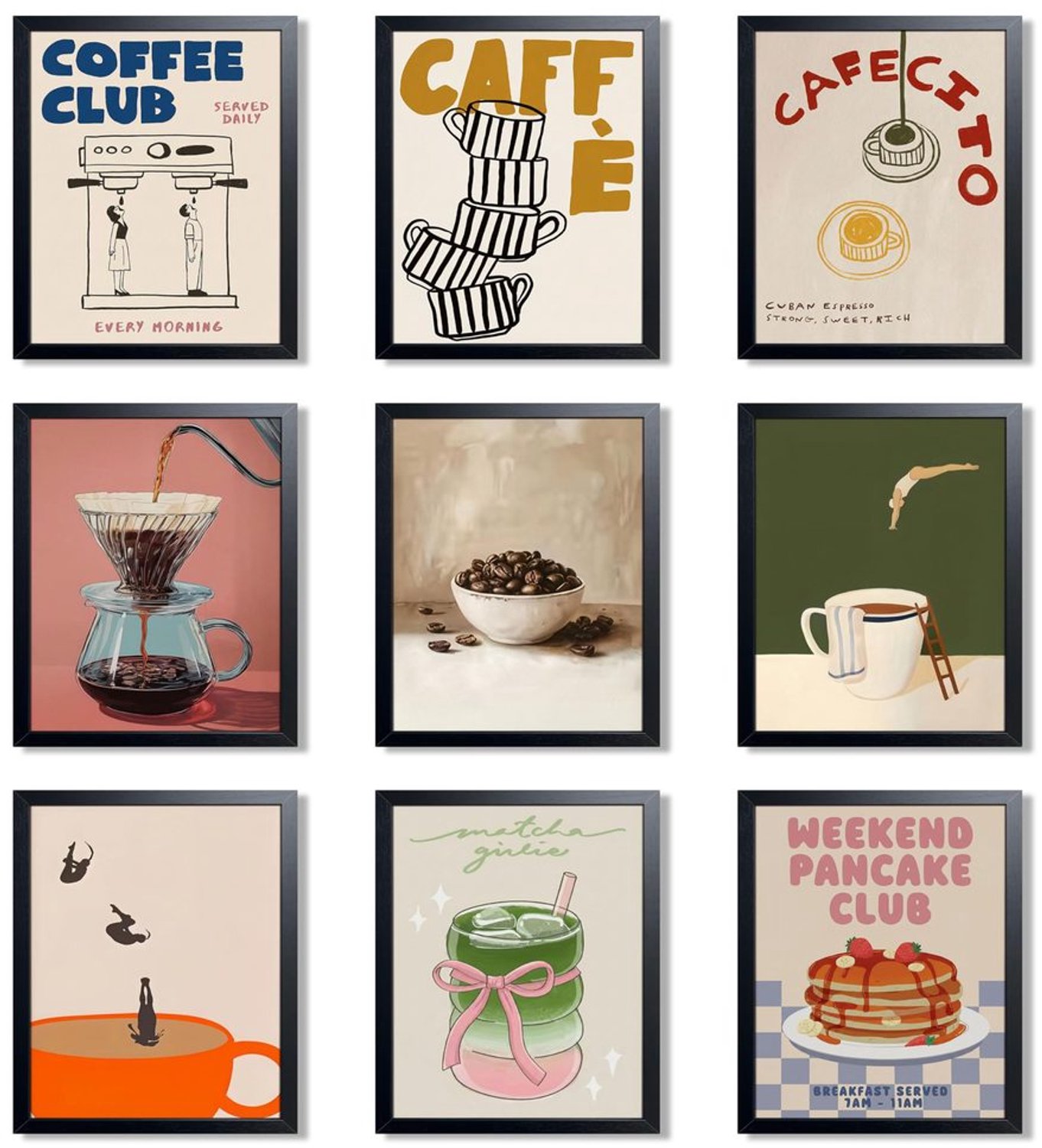 Set van 9 Vintage Koffie Posters voor de Keuken