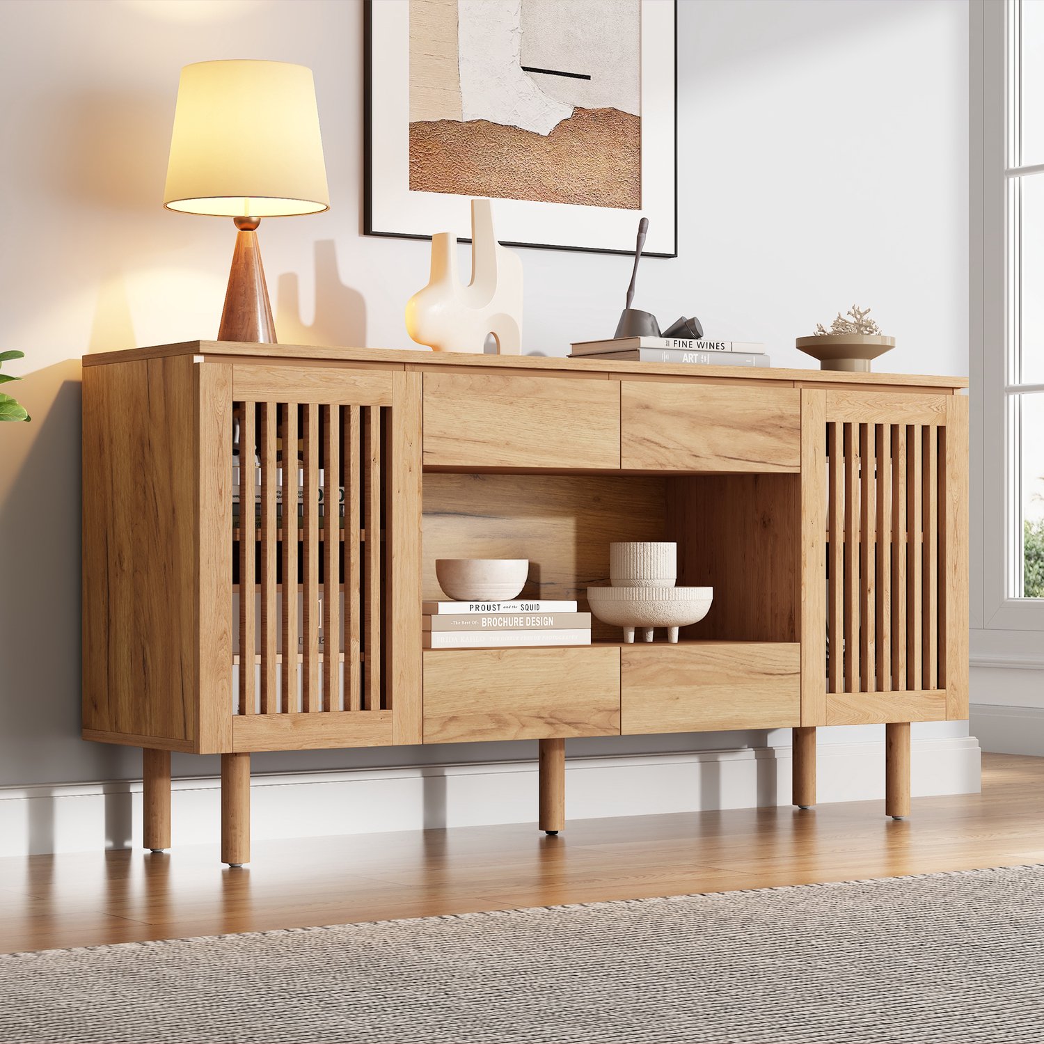 MODENUIT Dressoir - 4 Laden En 2 Lamellendeuren - Woonkamer - MDF - 5 Houten Poten - 140x35x71 Cm - Naturel