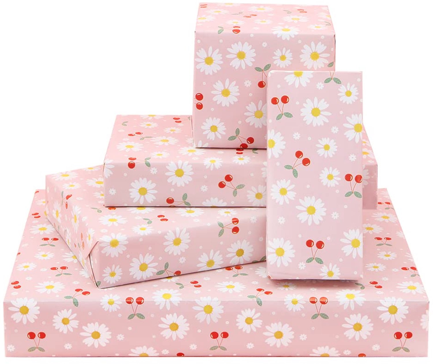 Cadeaupapier met madeliefjes - Inpakpapier voor kinderen - Verjaardag - Nieuwe baby - Bruiloft - Pastelroze met kersenpatroon