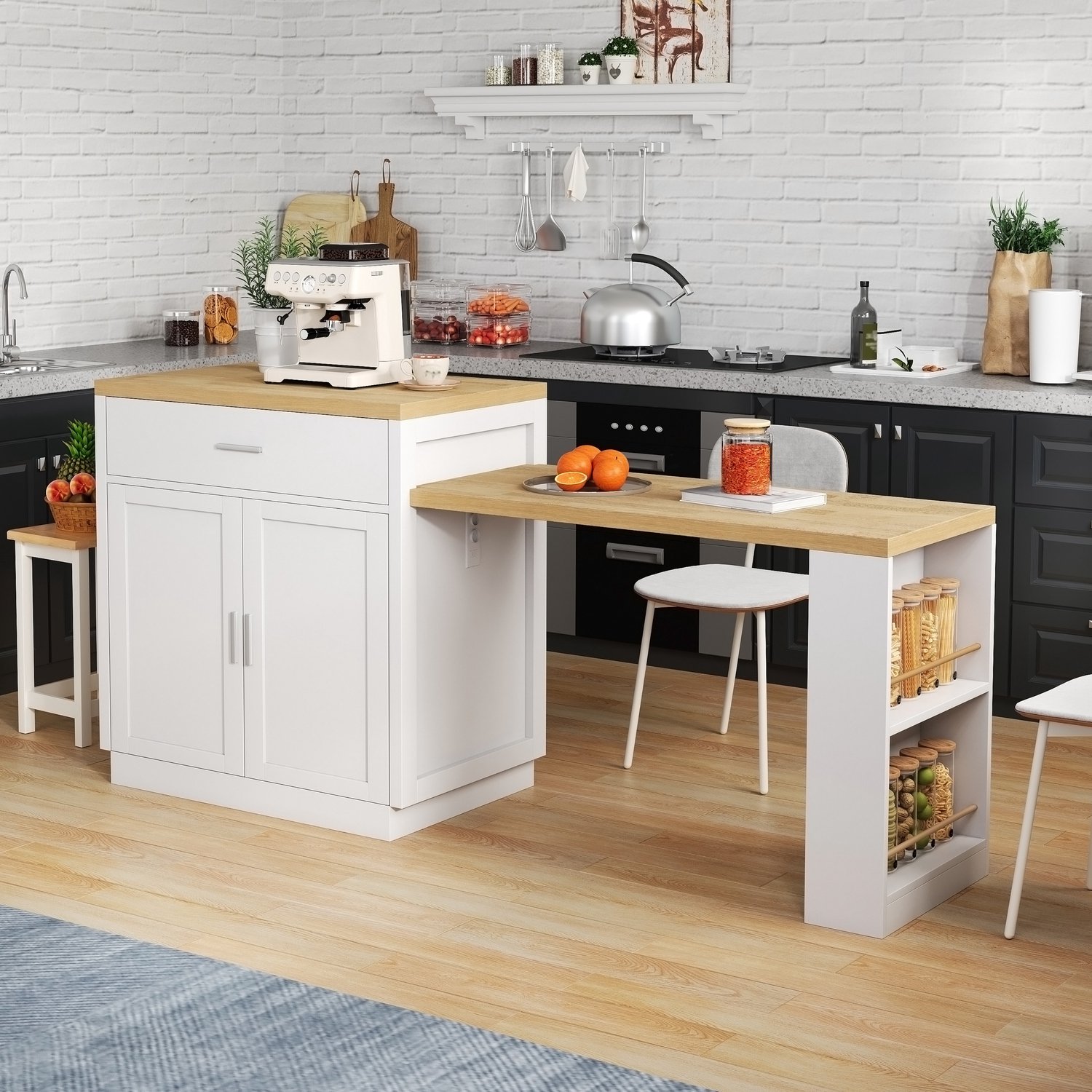 MODENUIT Keukeneiland - Uitschuifbare Eettafel Met Stopcontacten - Keuken - MDF - 188x55x92 Cm - Wit