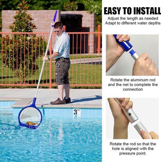 Zwembadschepnet fijnmazig 146 cm, zwembadschepnet met telescoopstang, aluminium, stabiel, vijvernet, algen, kleine zwembadaccessoires, skimmer vijver, fijn voor zwembad, fontein, aquarium — afbeelding 4