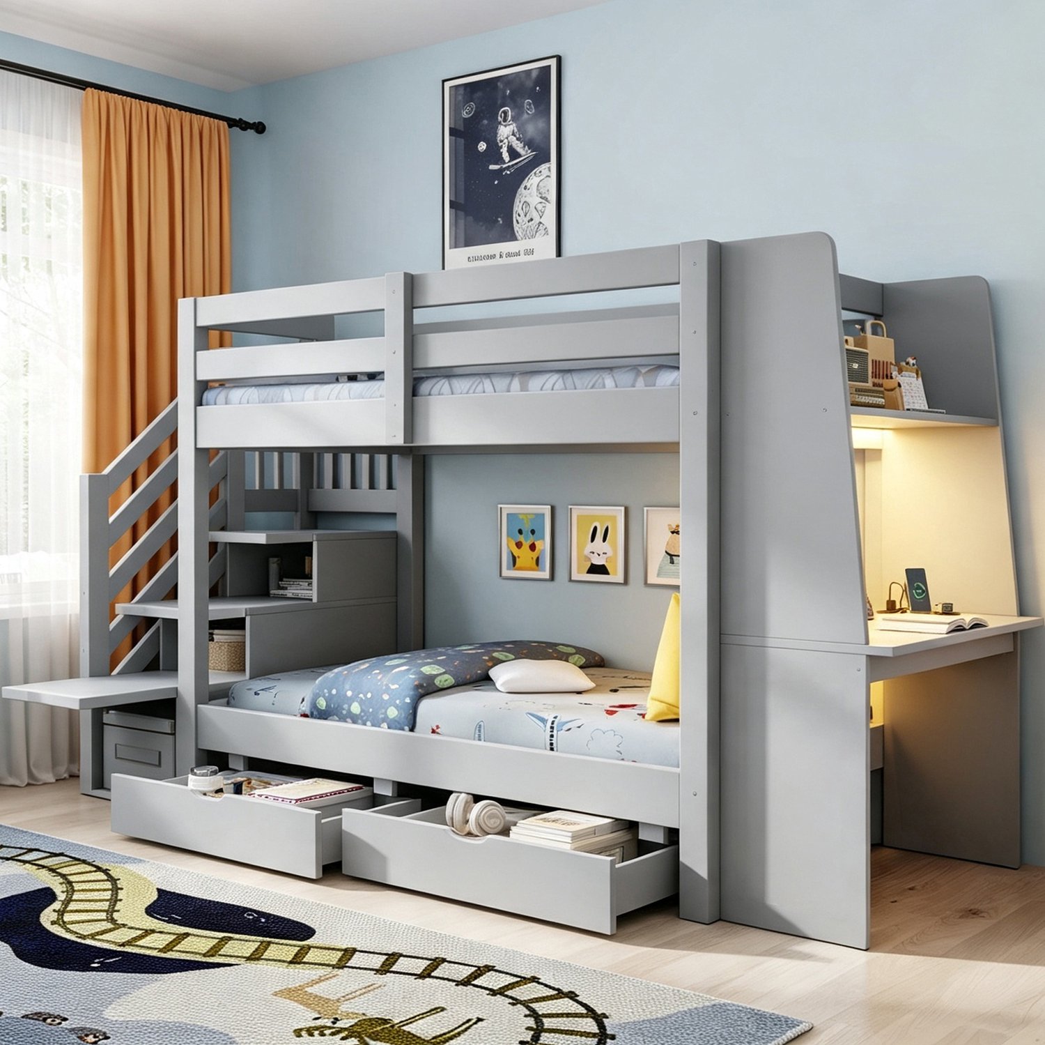 Wishdor Stapelbed 90x200 cm - Met bureau en opbergtrap - Met boekenkast, twee lades, stopcontact en verstelbare LED-verlichting - Voor kinderkamer en tienerkamer - Hout en MDF - Grijs