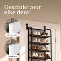 Zwart hangend schoenenrek aan een deur met de tekst 'Geschikt voor elke deur', 'Stompe deur' en 'Opdekdeur'.